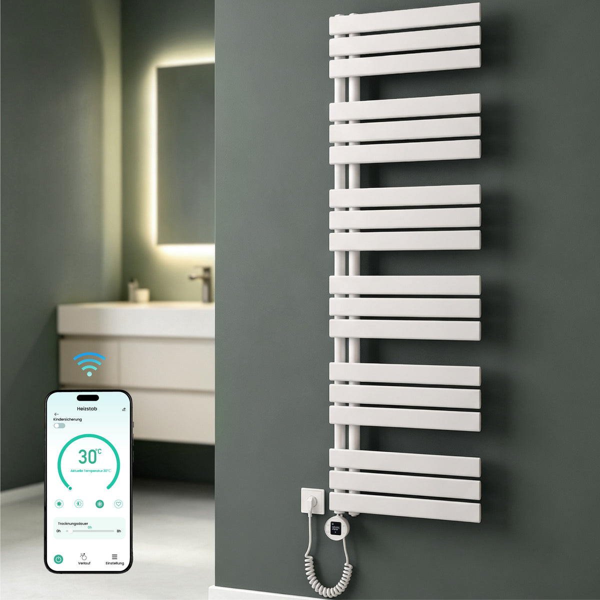glasvilla Badheizkörper,mit Heizstab Badheizung,Handtuchheizkörper mit Seitenanschluss, Handtuchwärmer mit Heizstab 600W/900W, App-Steuerung, Thermostat und Timerfunktion,‎FN con Heizstab-03