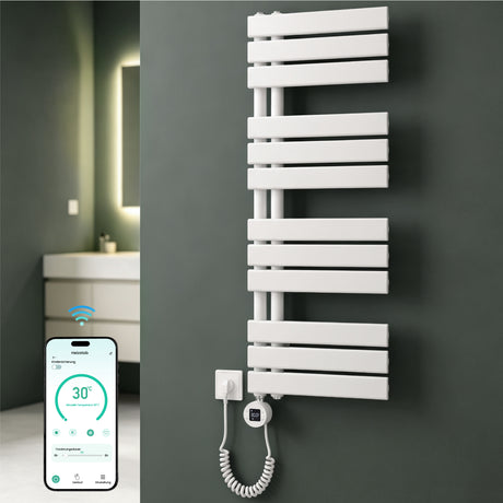 glasvilla Badheizkörper,mit Heizstab Badheizung,Handtuchheizkörper mit Seitenanschluss, Handtuchwärmer mit Heizstab 600W/900W, App-Steuerung, Thermostat und Timerfunktion,‎FN con Heizstab-03