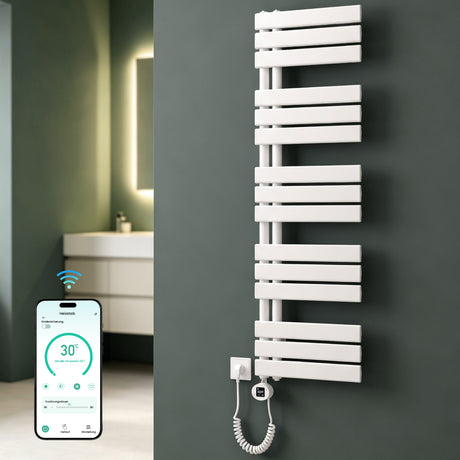 glasvilla Badheizkörper,mit Heizstab Badheizung,Handtuchheizkörper mit Seitenanschluss, Handtuchwärmer mit Heizstab 600W/900W, App-Steuerung, Thermostat und Timerfunktion,‎FN con Heizstab-03