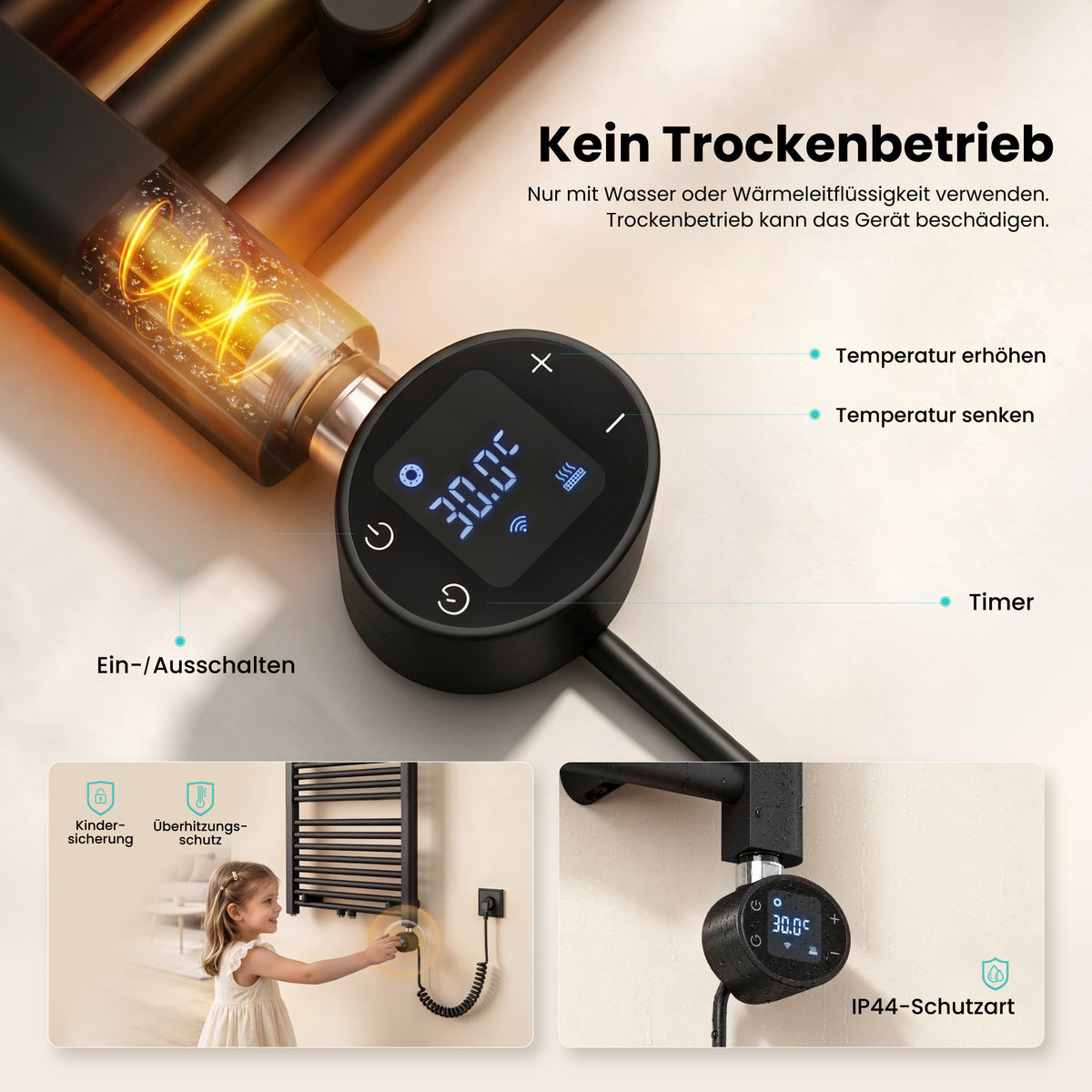 glasvilla Badheizkörper mit Heizstab  Badheizung  Handtuchheizkörper elektrisch mit App-Steuerung, Thermostat & Timer-Funktion, Röhrenheizkörper Seitenanschluss