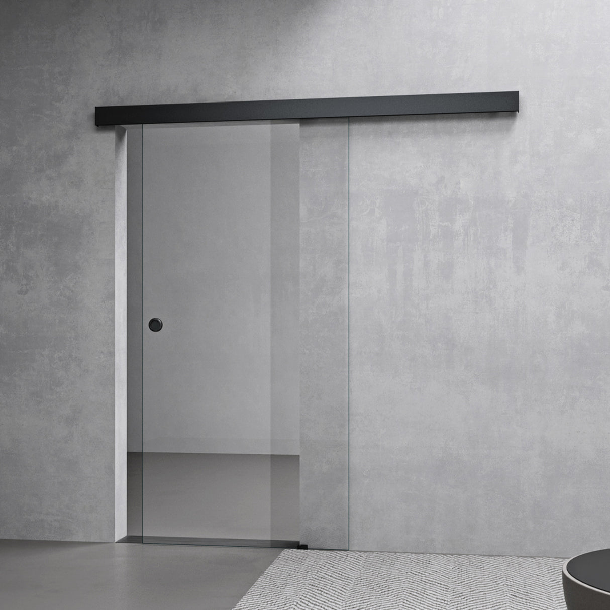 glasvilla Glasschiebetür komplettset, Griffart: Muschelgriff, 15 mm Wandabstand, 8mm ESG-Sicherheitsglas Amalfi Schwarz