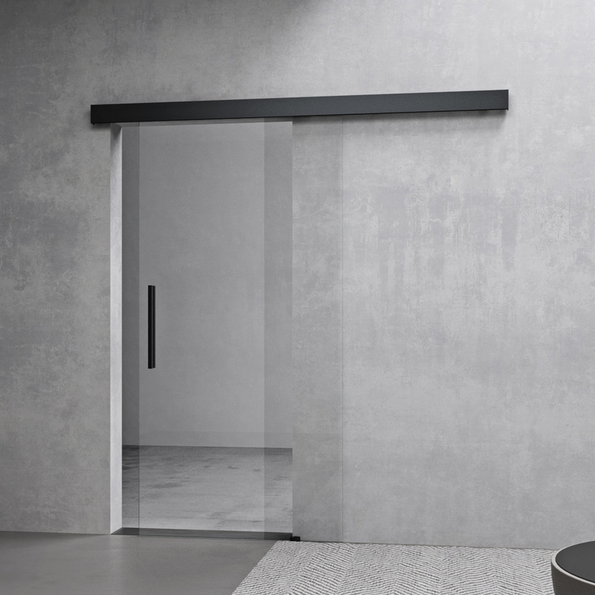 glasvilla Glasschiebetür komplettset,  Griffart: Stangengriff, 15 mm Wandabstand, 8mm ESG-Sicherheitsglas Amalfi Schwarz