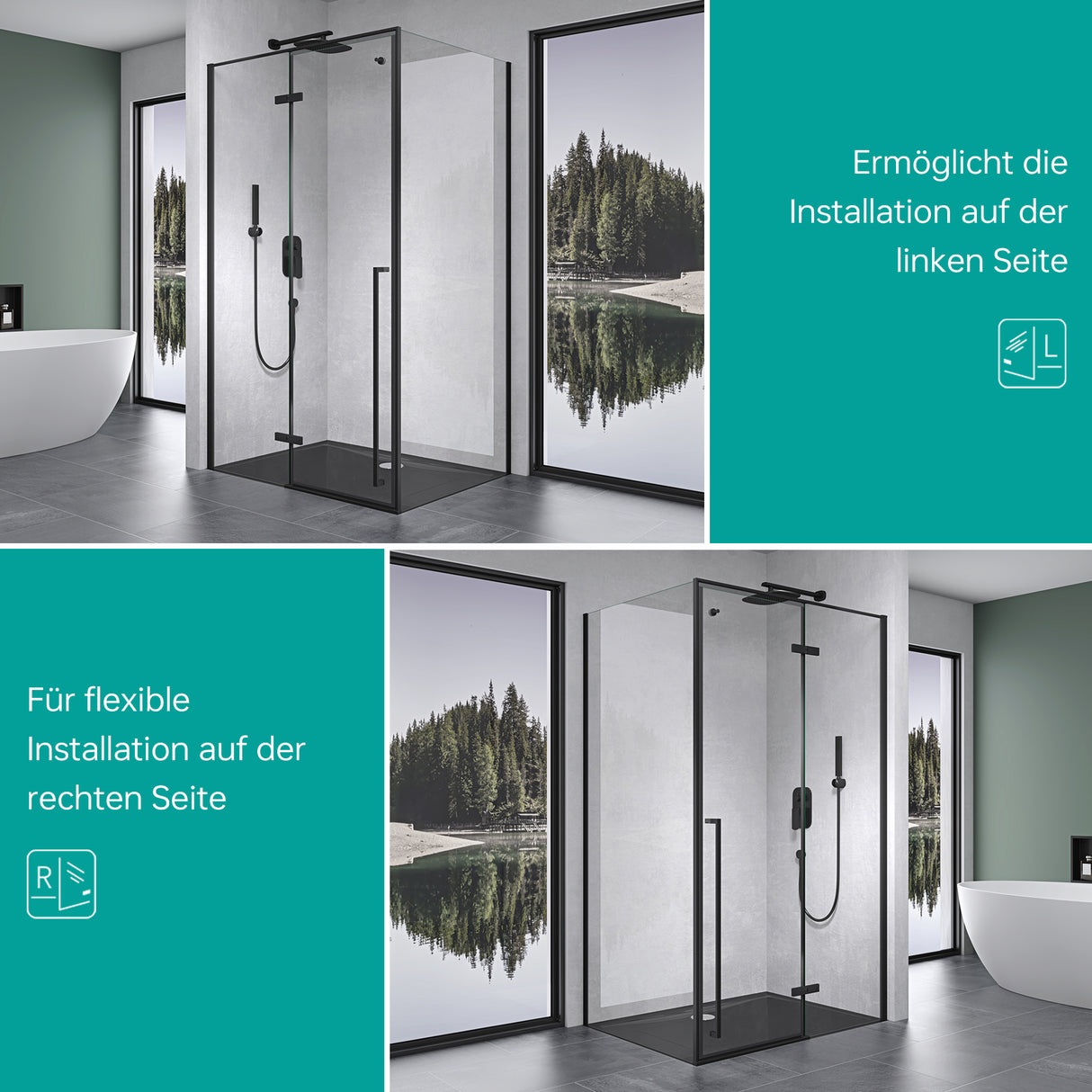glasvilla Duschkabine Duschabtrennung 6mm ESG inkl. NANO-Beschichtung in Klarglas mit Handtuchhaken Rav64K Schwarz