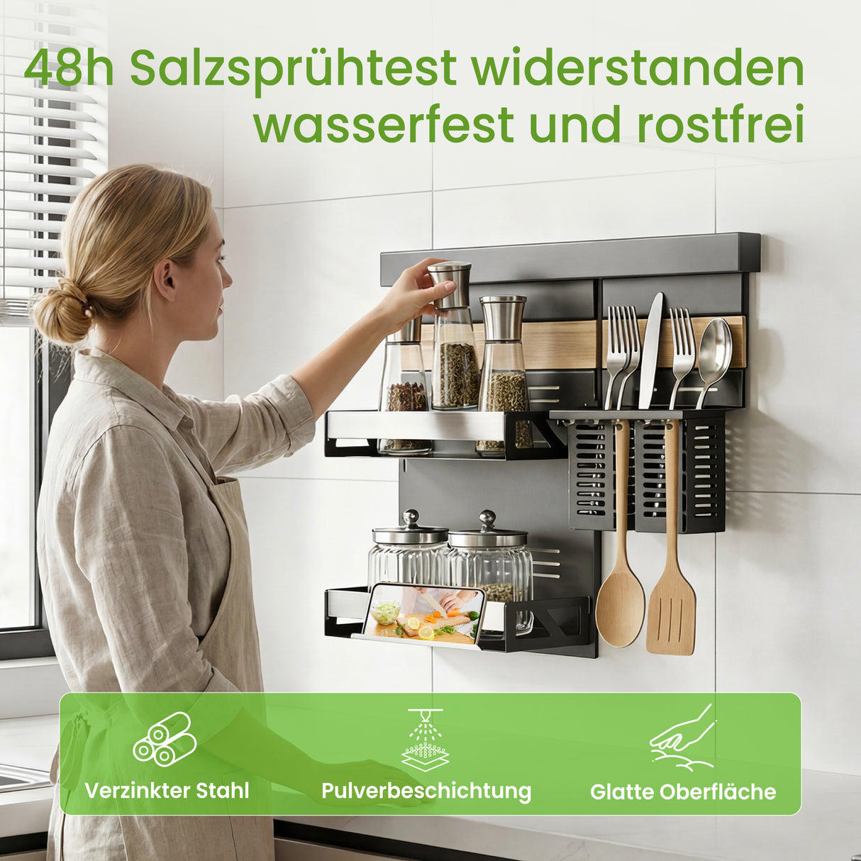 glasvilla -Stöckiges Gewürzregal Küche mit Handyhalter und Utensilientöpfe inkl. 5 Haken, Multifunktional Küchenregal abnehmbar mit Schiene , Küchen Organizer Reglo-09-12