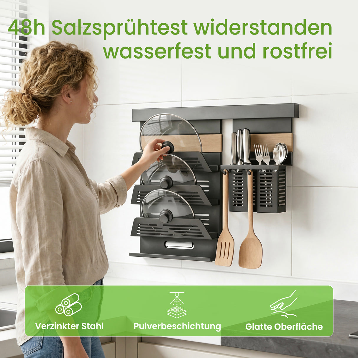 glasvilla -Stöckiges Gewürzregal Küche mit Handyhalter und Utensilientöpfe inkl. 5 Haken, Multifunktional Küchenregal abnehmbar mit Schiene , Küchen Organizer Reglo-09-12