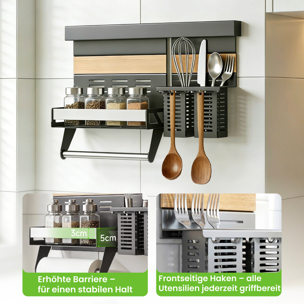 glasvilla -Stöckiges Gewürzregal Küche mit Handyhalter und Utensilientöpfe inkl. 5 Haken, Multifunktional Küchenregal abnehmbar mit Schiene , Küchen Organizer Reglo-09-12