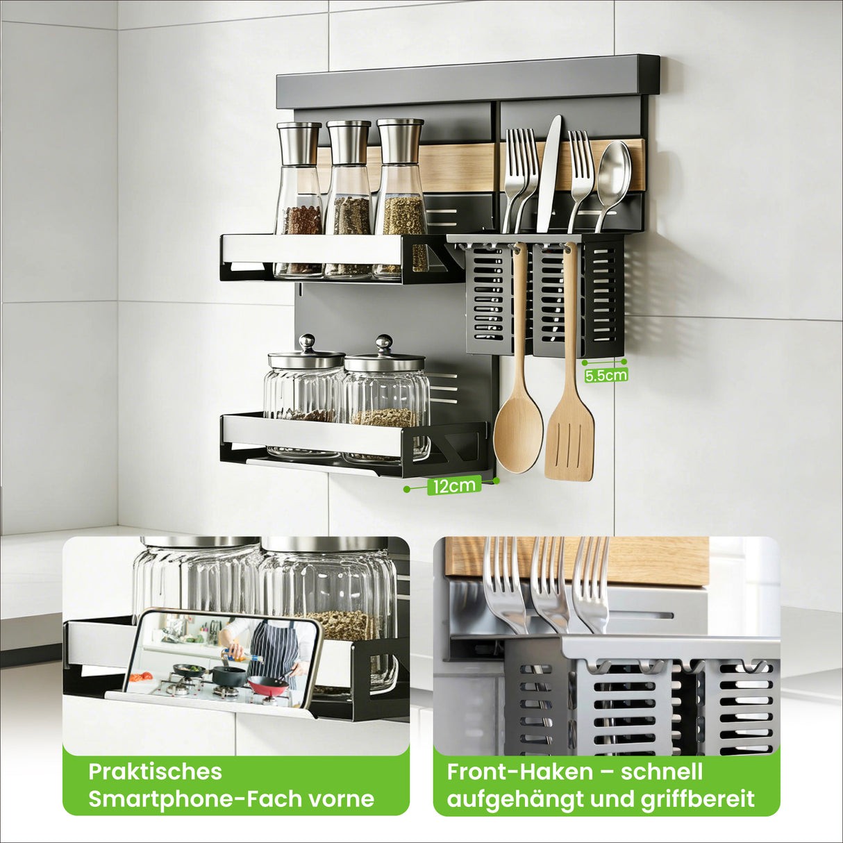 glasvilla -Stöckiges Gewürzregal Küche mit Handyhalter und Utensilientöpfe inkl. 5 Haken, Multifunktional Küchenregal abnehmbar mit Schiene , Küchen Organizer Reglo-09-12