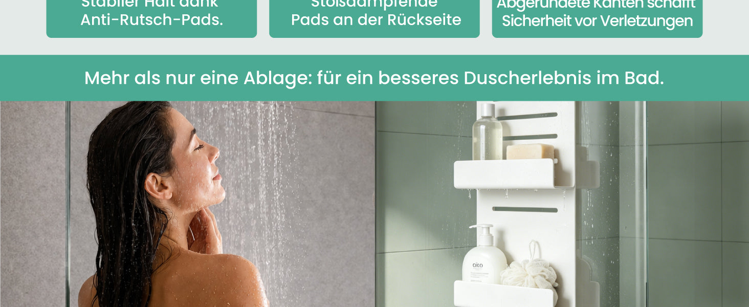 glasvilla Duschablage zum Hängen, Duschregal Ohne Bohren für Glasduschtüren, Hängeregal mit 2 Etagen und 3 Haken, Badezimmer Organizer  Oryne-01