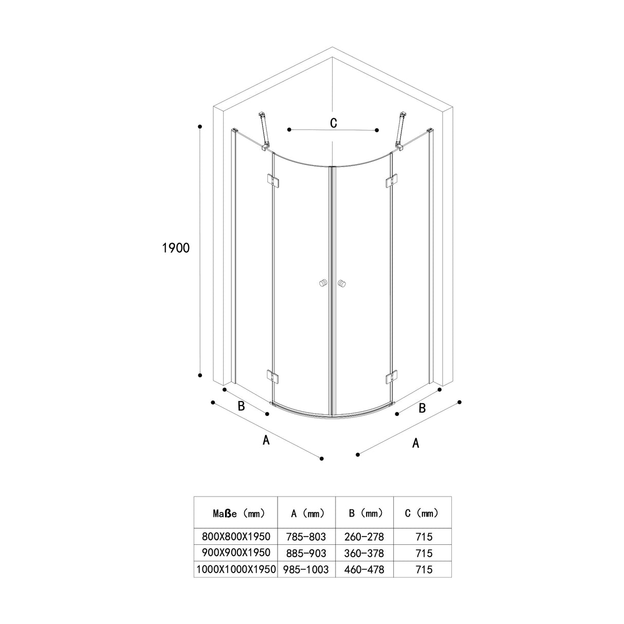 glasvilla Viertelkreis Duschkabine Milchglas Runddusche Duschabtrennung 2 Pendeltüren 6mm ESG-Sicherheitsglas Nano-Beschichtung Ravenna02K+VS