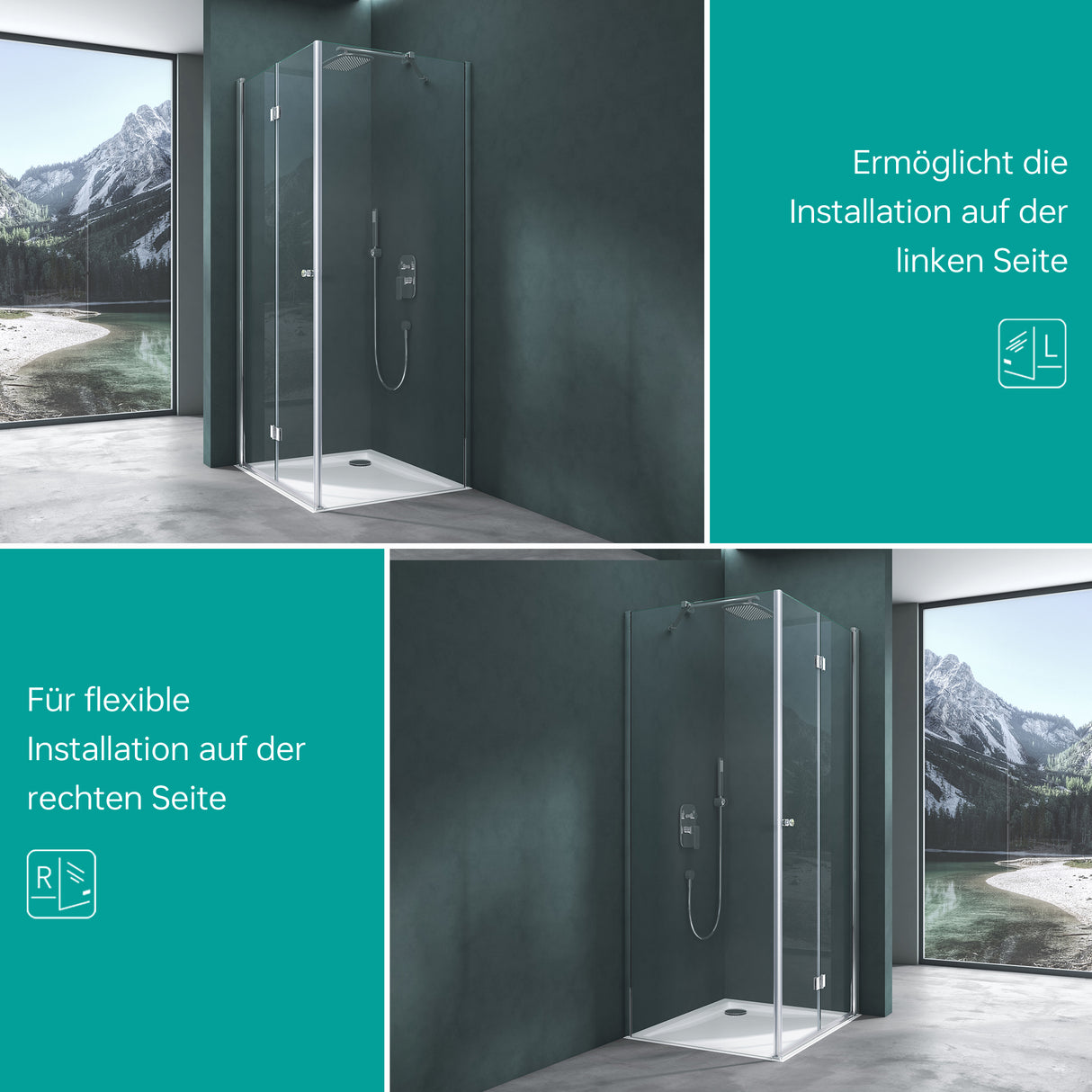 glasvilla Duschkabine Falttür 180° Klappbar & Faltbar Mit Hebe- und Senkmechaniamus Lotus-Effekt NANO Eckeinstieg R27