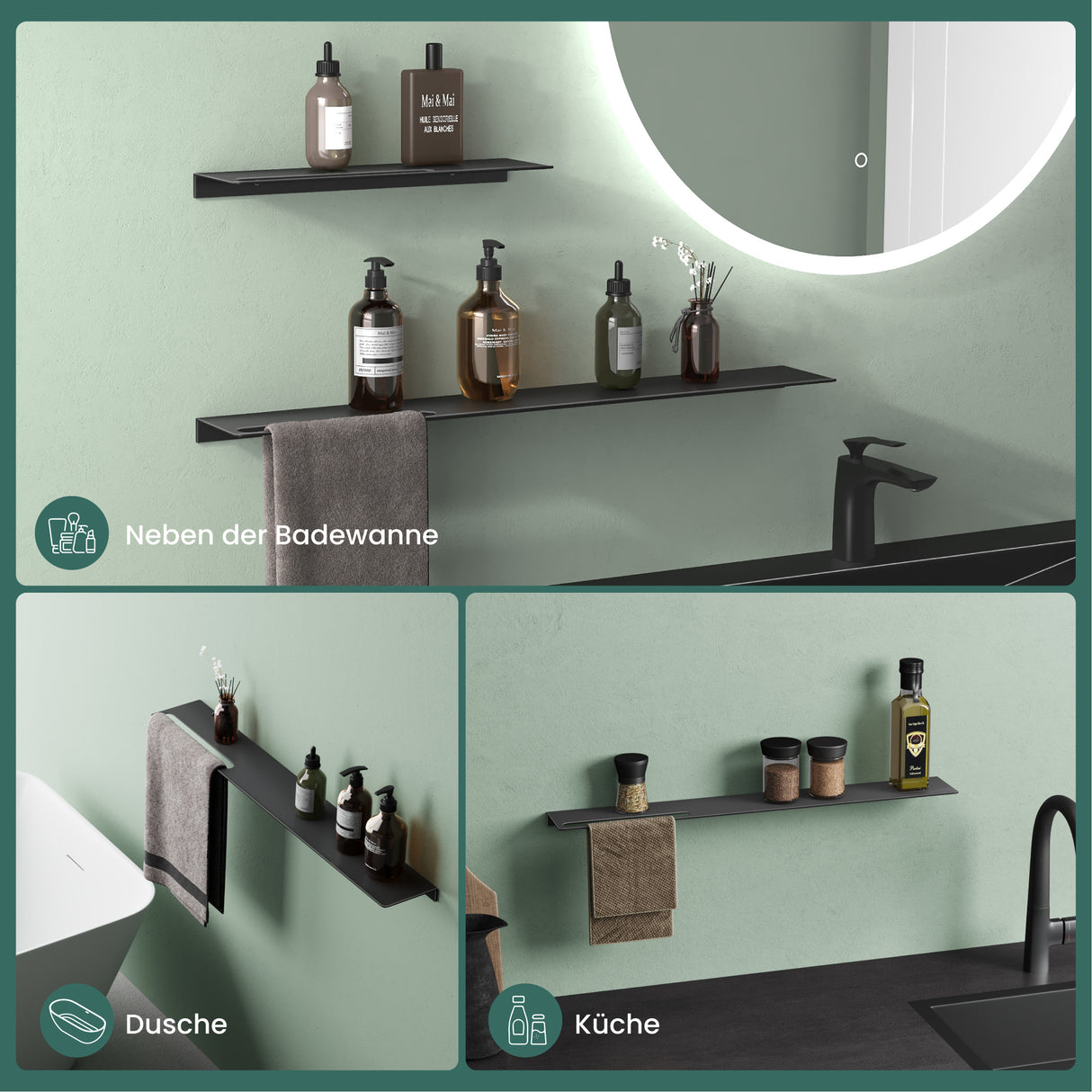 Estante de Ducha Glasvilla Reglo-06 Aluminio Premium 2-en-1 con Toallero (Atornillable o Adhesivo)