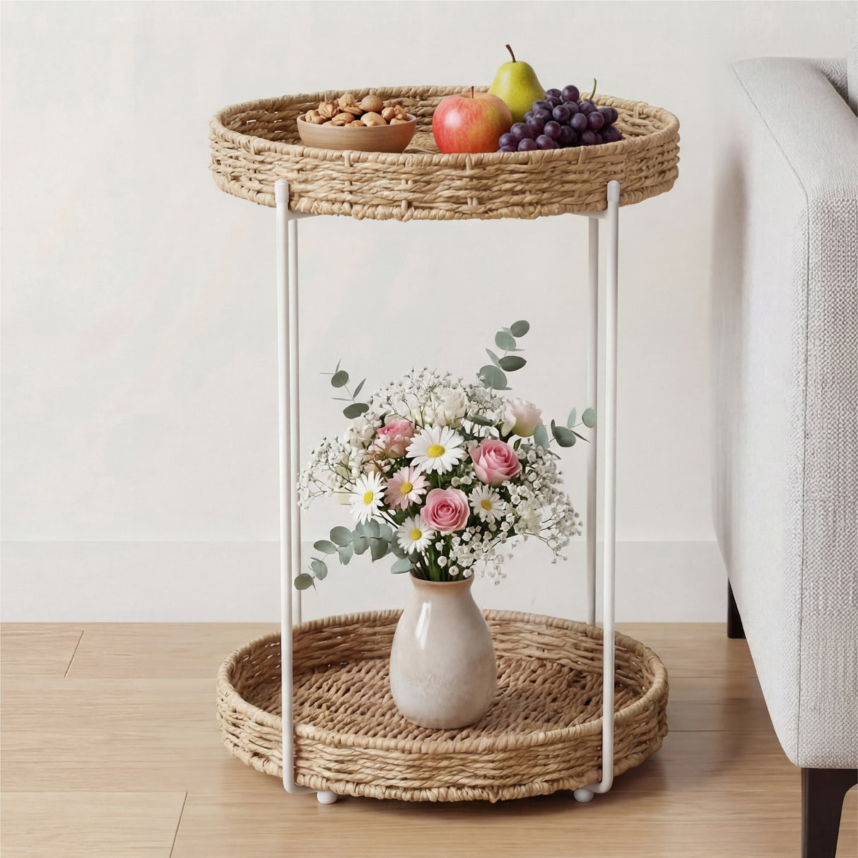 glasvilla Beistelltisch rund , Couchtisch klein mit abnehmbarem Tablett aus Papierkordel, Sofatisch für Wohnzimmer, Schlafzimmer und Balkon,  Reglo-08