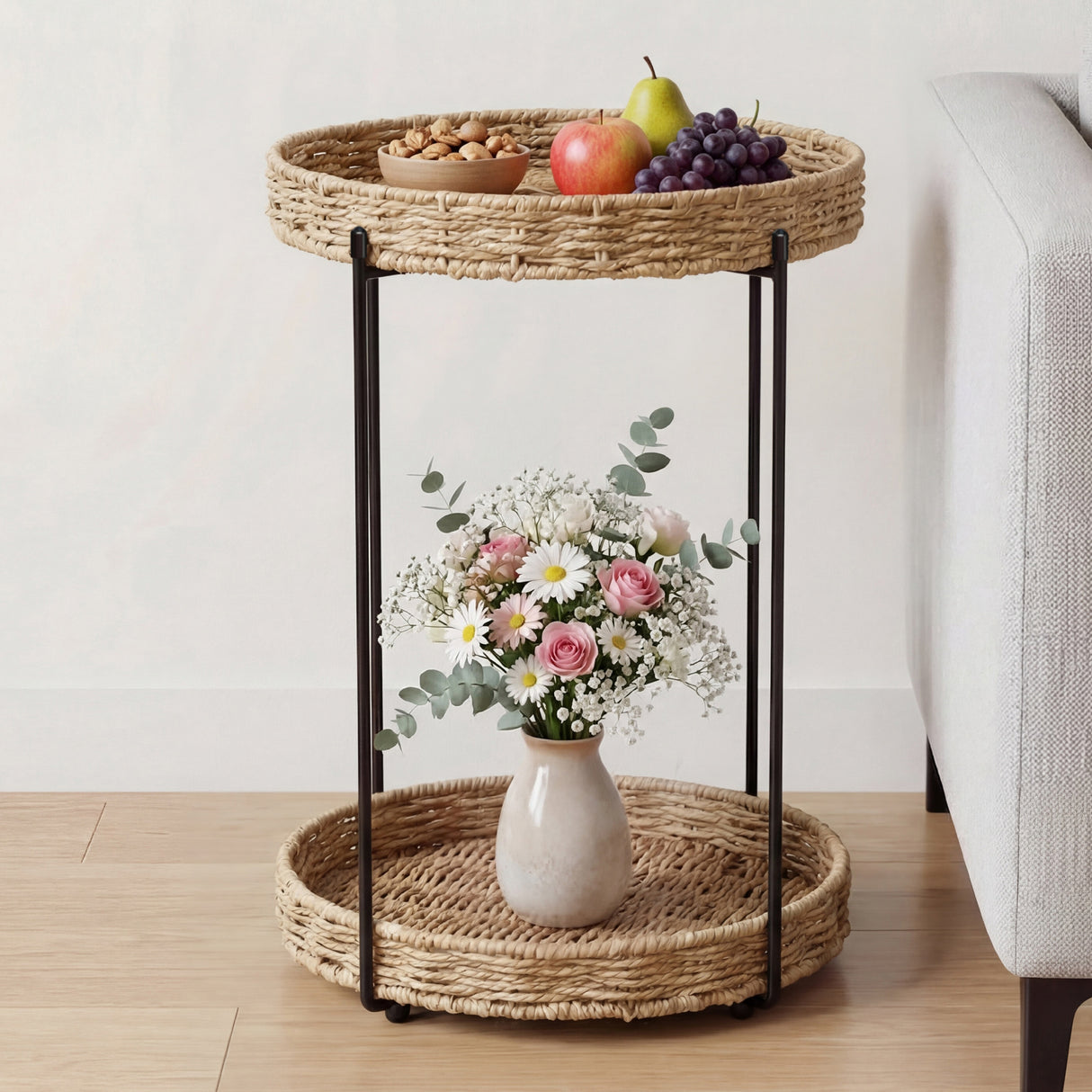 glasvilla Beistelltisch rund , Couchtisch klein mit abnehmbarem Tablett aus Papierkordel, Sofatisch für Wohnzimmer, Schlafzimmer und Balkon,  Reglo-08