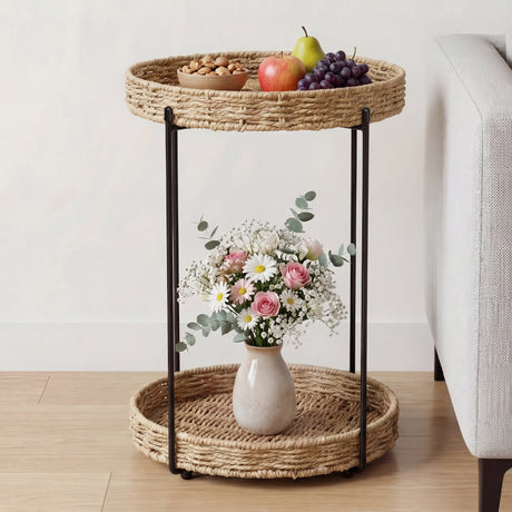 glasvilla Beistelltisch rund , Couchtisch klein mit abnehmbarem Tablett aus Papierkordel, Sofatisch für Wohnzimmer, Schlafzimmer und Balkon,  Reglo-08