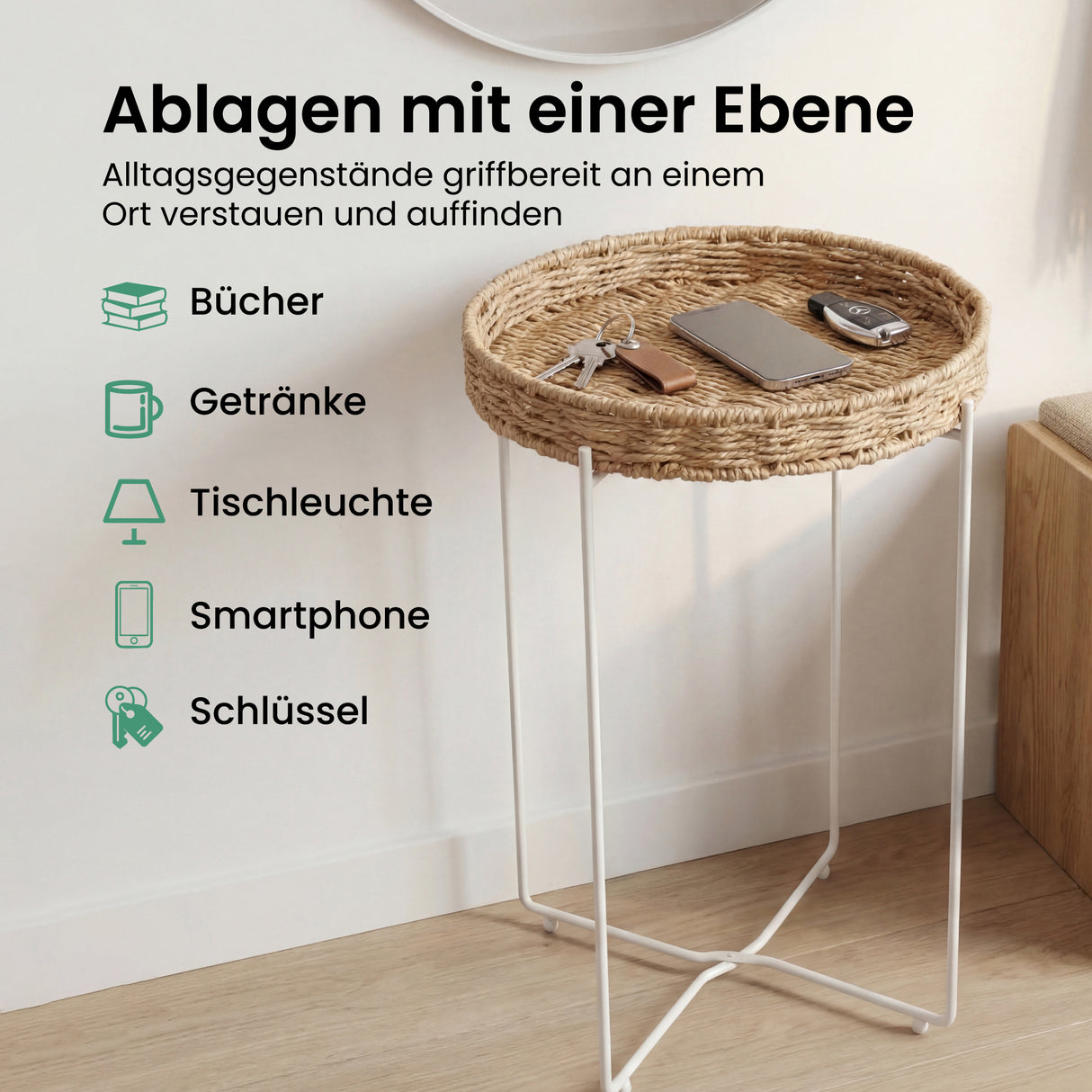 glasvilla Beistelltisch rund , Couchtisch klein mit abnehmbarem Tablett aus Papierkordel, Sofatisch für Wohnzimmer, Schlafzimmer und Balkon,  Reglo-08