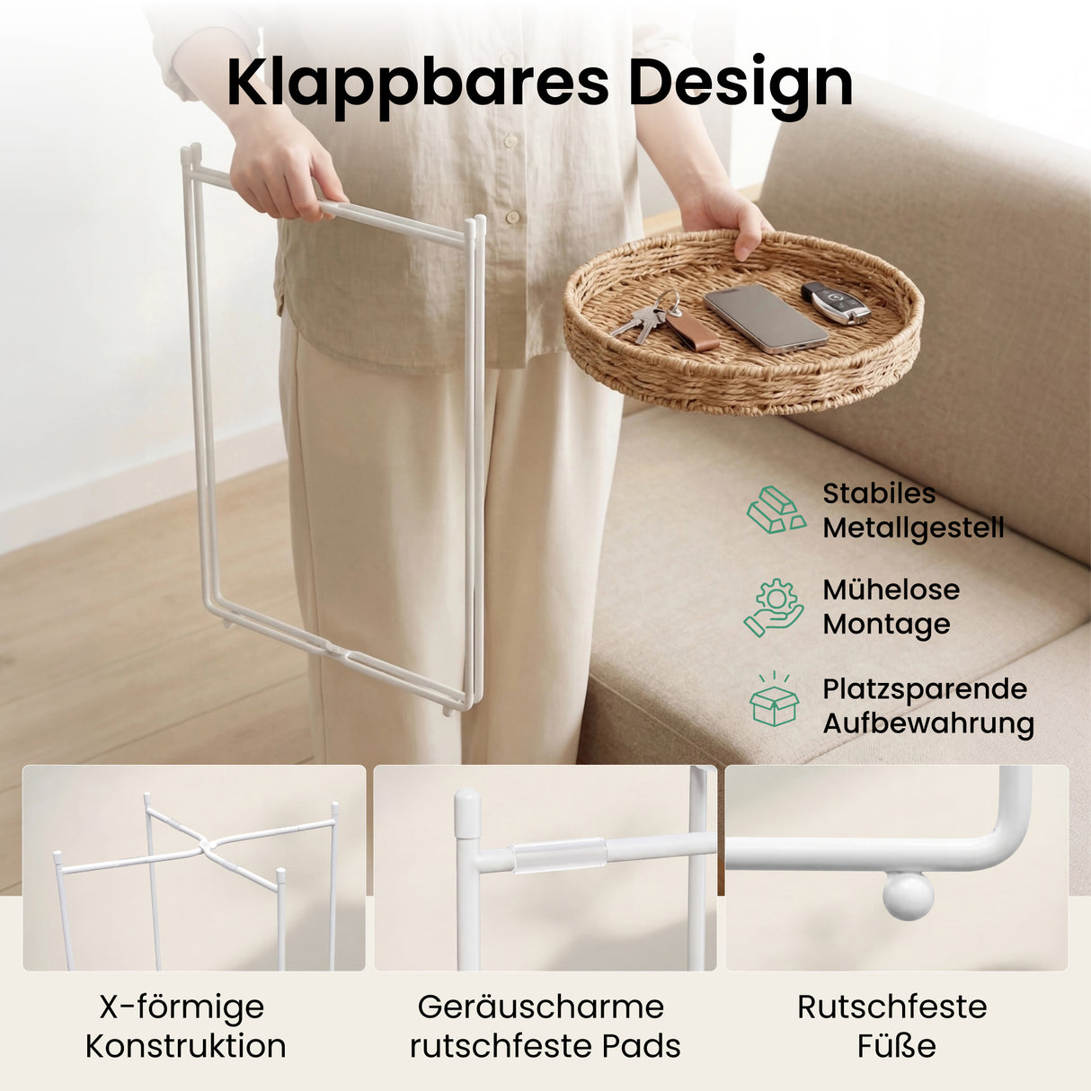 glasvilla Beistelltisch rund , Couchtisch klein mit abnehmbarem Tablett aus Papierkordel, Sofatisch für Wohnzimmer, Schlafzimmer und Balkon,  Reglo-08