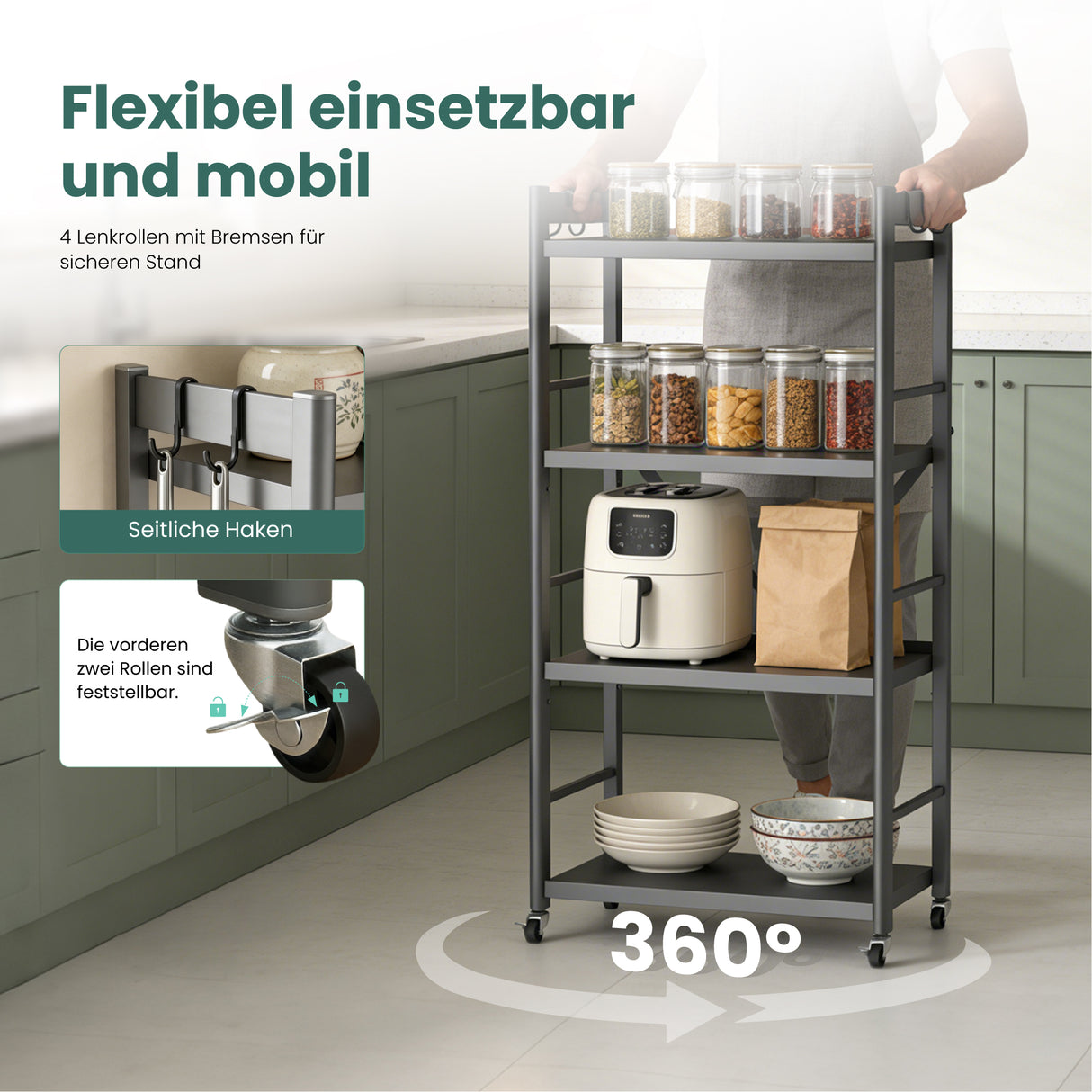 Glasvilla Scaffale da Cucina a 4 Ripiani con Ruote, Carrello da Cucina in Metallo Pieghevole, 4 Ganci Laterali, Portaoggetti per Condimenti, Pentole e Elettrodomestici, Grigio, 60x41x125cm, Reglo-13