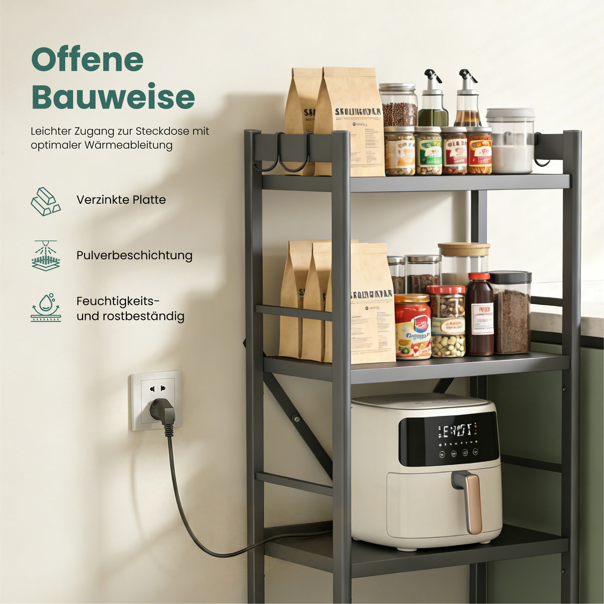 Glasvilla Scaffale da Cucina a 4 Ripiani con Ruote, Carrello da Cucina in Metallo Pieghevole, 4 Ganci Laterali, Portaoggetti per Condimenti, Pentole e Elettrodomestici, Grigio, 60x41x125cm, Reglo-13