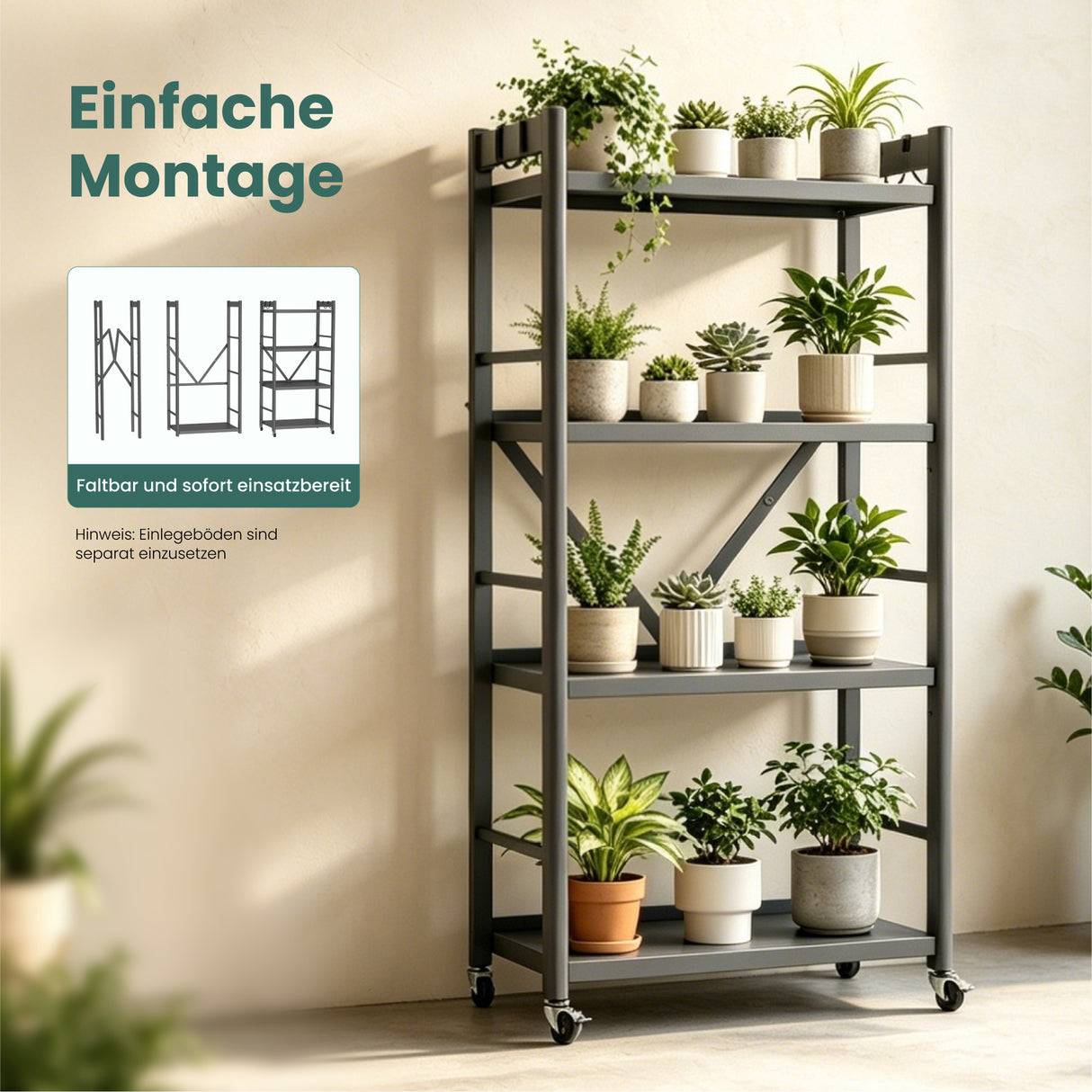 Glasvilla Scaffale da Cucina a 4 Ripiani con Ruote, Carrello da Cucina in Metallo Pieghevole, 4 Ganci Laterali, Portaoggetti per Condimenti, Pentole e Elettrodomestici, Grigio, 60x41x125cm, Reglo-13