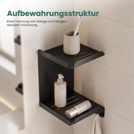 glasvilla Duschablage zum Bohren oder Kleben, Duschregal mit 3 Haken, Badezimmerablage zur Wandmontage, Badezimmer Organizer Reglo-14
