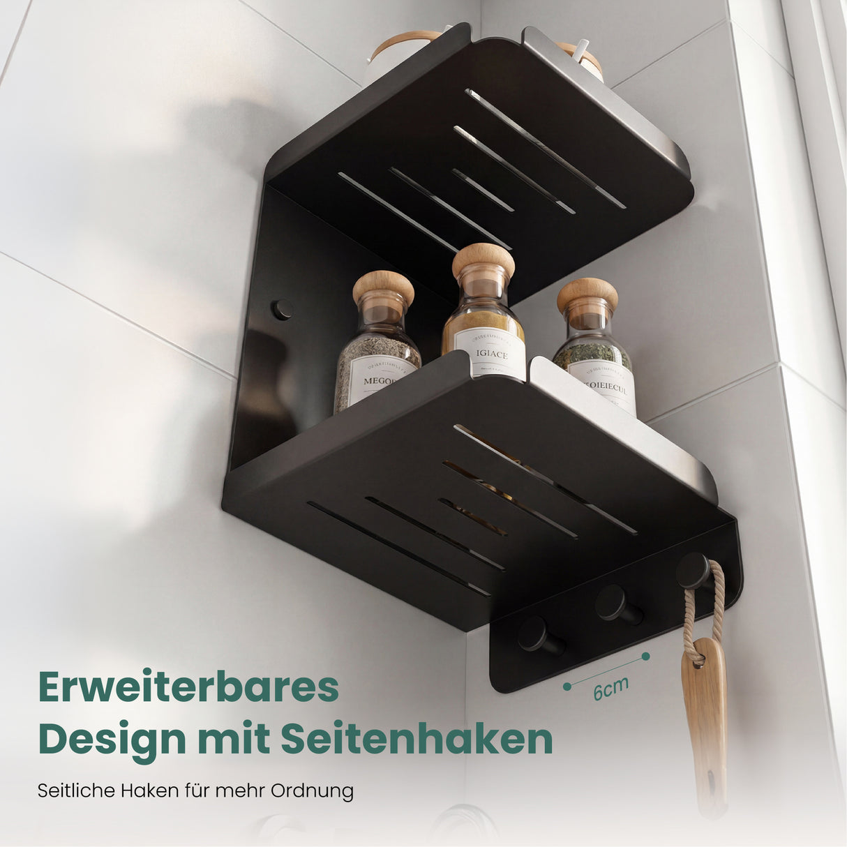 glasvilla Duschablage zum Bohren oder Kleben, Duschregal mit 3 Haken, Badezimmerablage zur Wandmontage, Badezimmer Organizer Reglo-14