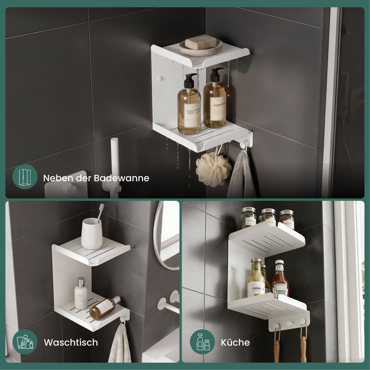 glasvilla Duschablage zum Bohren oder Kleben, Duschregal mit 3 Haken, Badezimmerablage zur Wandmontage, Badezimmer Organizer Reglo-14