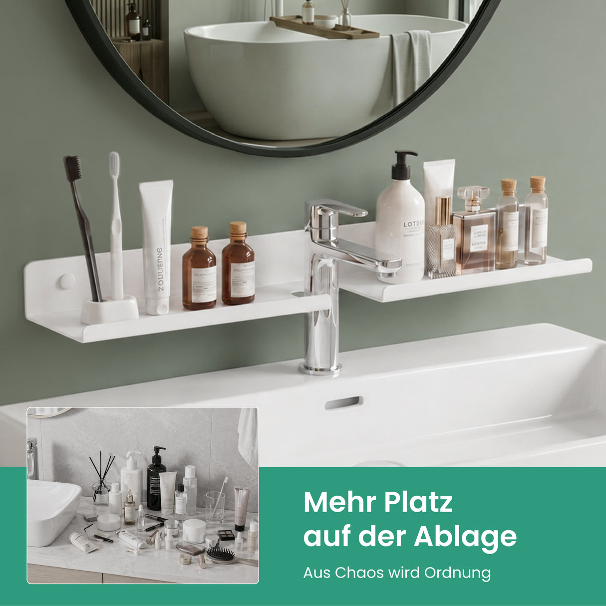 Glasvilla Duschregal zum Bohren oder Kleben, Waschbeckenregal über Wasserhahn, Wandregal für Küche und Bad, Badezimmer Organizer  Reglo-17