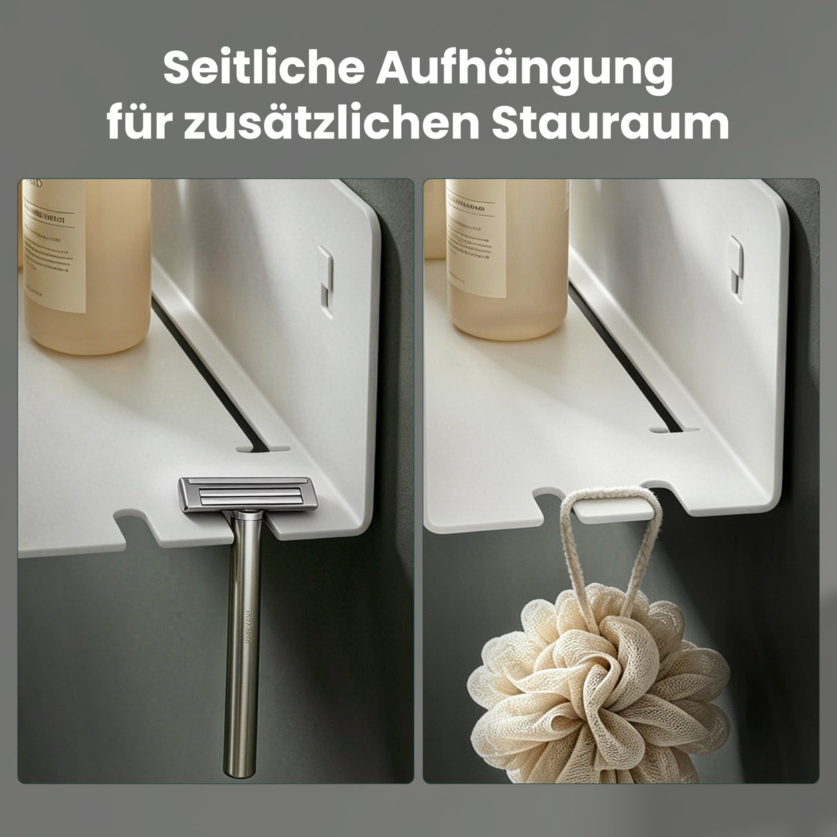 glasvilla Duschablage ohne Bohren mit 2 Schiebehaken,  Reglo-18 40cm | Duschregal ohne Bohren oder mit Bohren, Ablaufdesign Badezimmer Organizer, Metall, Shampoo Halterung für Dusche, Bad & Küche