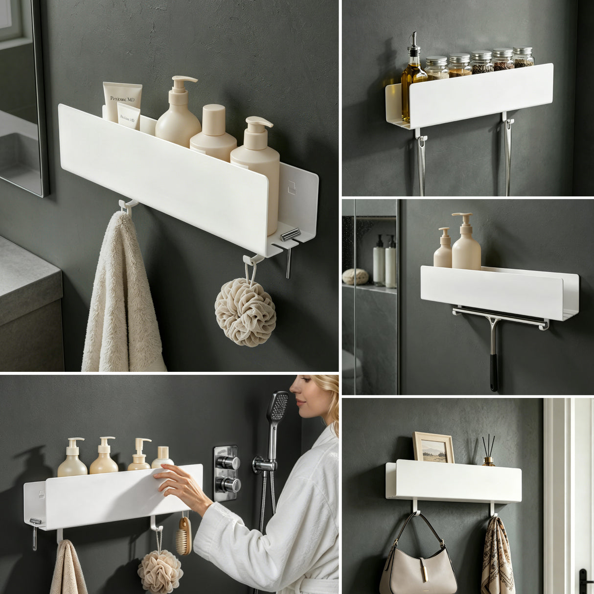 glasvilla Duschablage ohne Bohren mit 2 Schiebehaken,  Reglo-18 40cm | Duschregal ohne Bohren oder mit Bohren, Ablaufdesign Badezimmer Organizer, Metall, Shampoo Halterung für Dusche, Bad & Küche