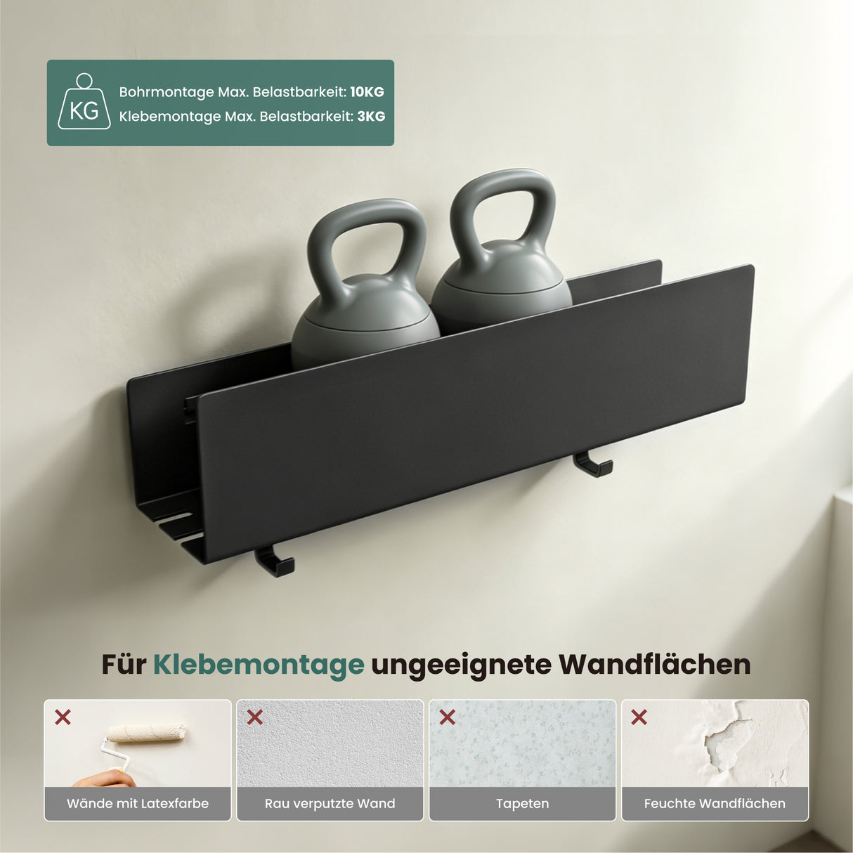 glasvilla Duschablage ohne Bohren mit 2 Schiebehaken,  Reglo-18 40cm | Duschregal ohne Bohren oder mit Bohren, Ablaufdesign Badezimmer Organizer, Metall, Shampoo Halterung für Dusche, Bad & Küche