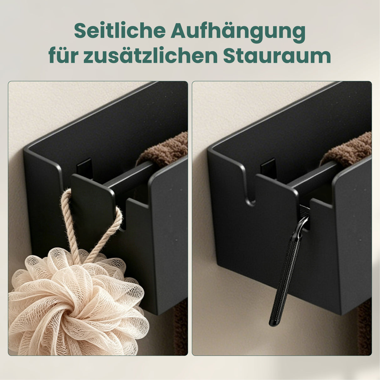 glasvilla Duschablage ohne Bohren mit Handtuchhalter, 60cm  Reglo-18 | Duschregal ohne Bohren oder mit Bohren, Drainage, Duschablage zum Hängen, Metall, Shampoo Halterung für Dusche, Bad, Küche