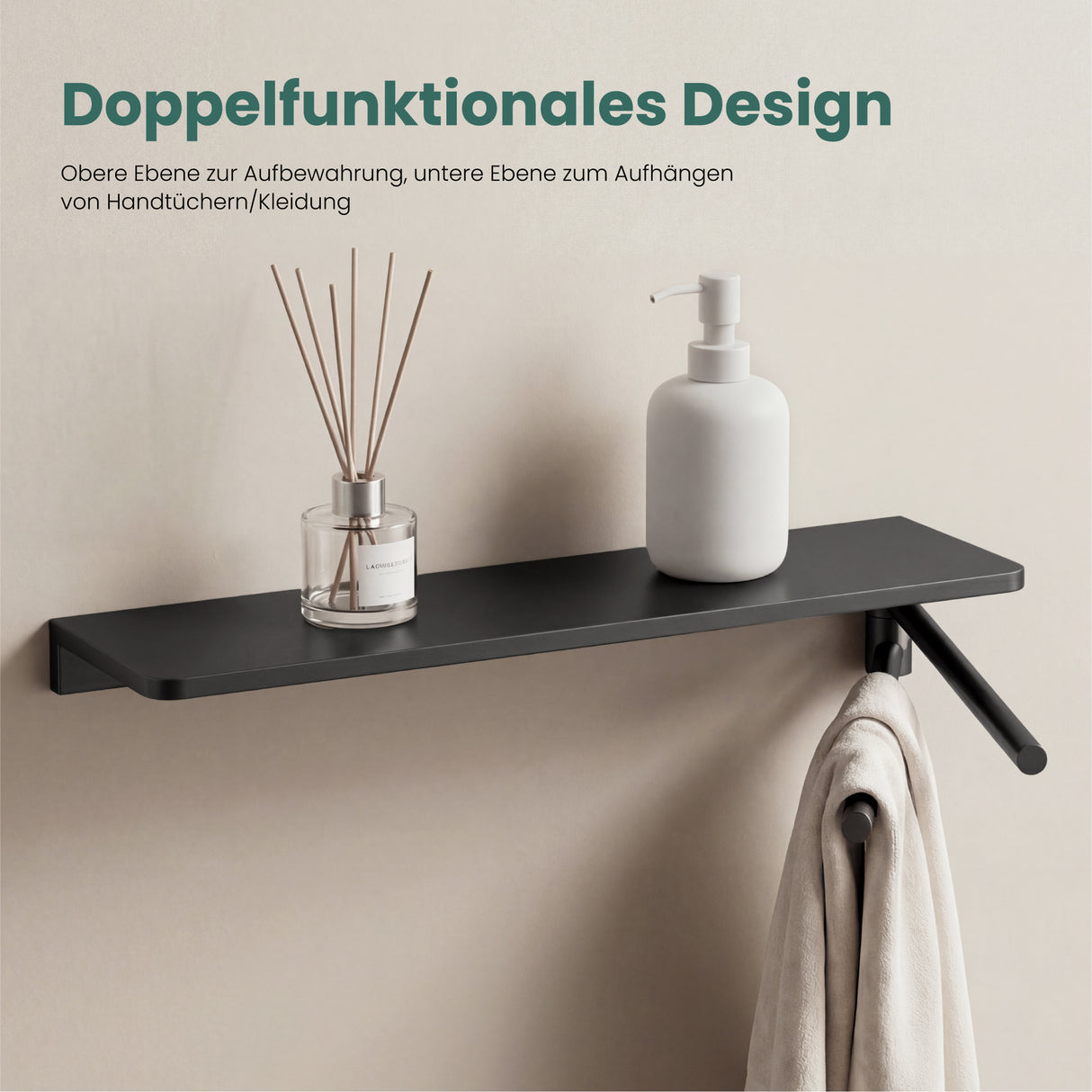 glasvilla Duschablage zum Bohren, Duschregal mit 2 Handtuchstangen aus Aluminiumlegierung, Badezimmerablage zur Wandmontage, Badezimmer Organizer  Reglo-19