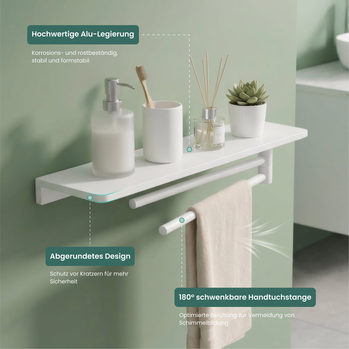 glasvilla Duschablage zum Bohren, Duschregal mit 2 Handtuchstangen aus Aluminiumlegierung, Badezimmerablage zur Wandmontage, Badezimmer Organizer  Reglo-19