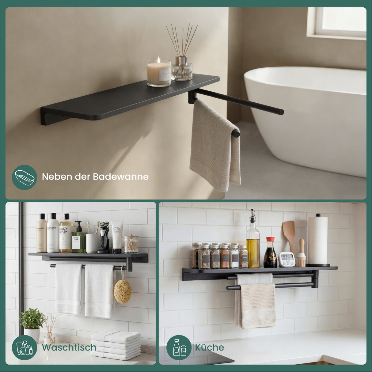 glasvilla Duschablage zum Bohren, Duschregal mit 2 Handtuchstangen aus Aluminiumlegierung, Badezimmerablage zur Wandmontage, Badezimmer Organizer  Reglo-19