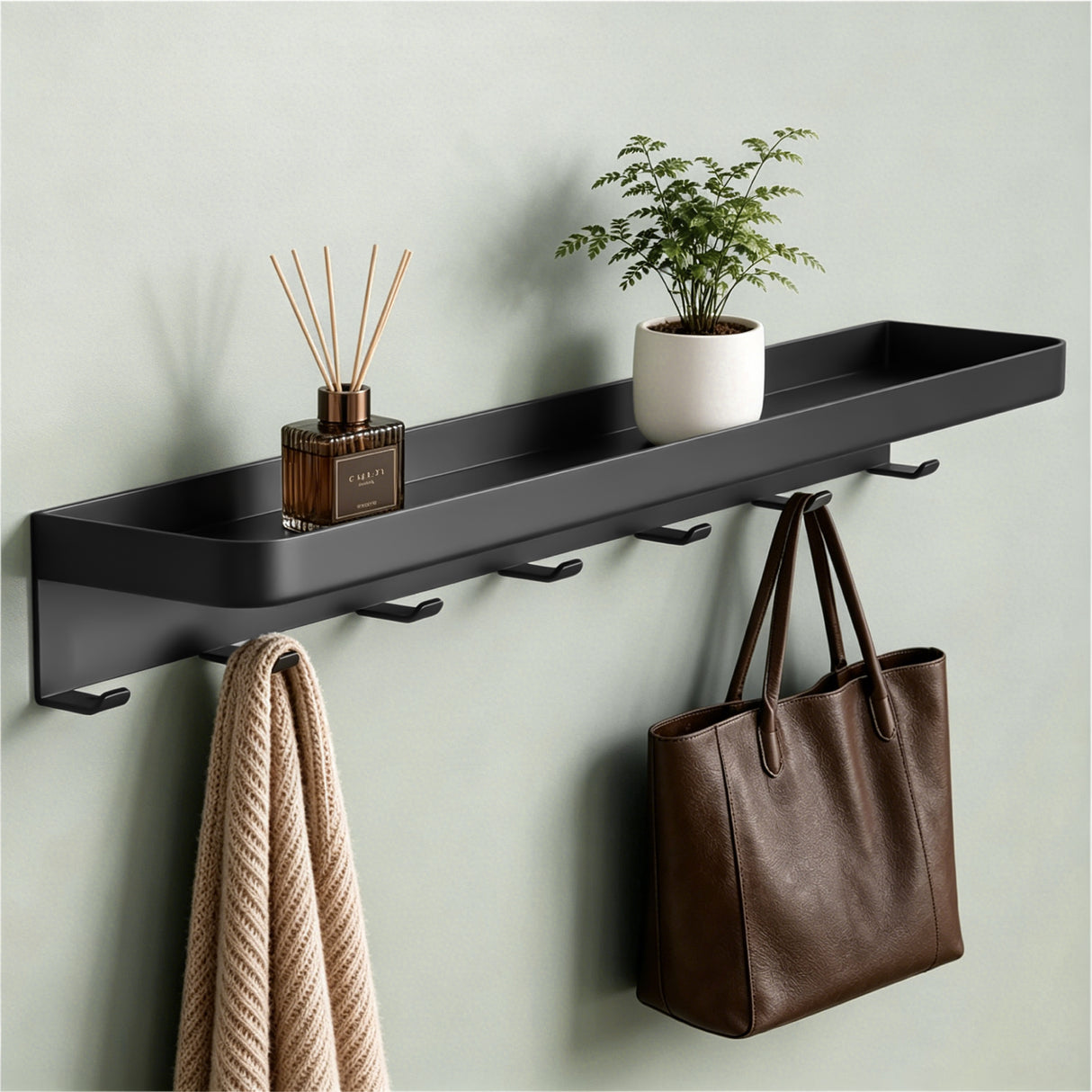 glasvilla Wandgarderobe mit Ablage, Garderobenleiste  50cm, Reglo-20 | Inkl.7 Garderobenhaken; als Wandhaken oder Kleiderhaken, Klebe- oder Bohrmontage, für Bad, Küche, Flur