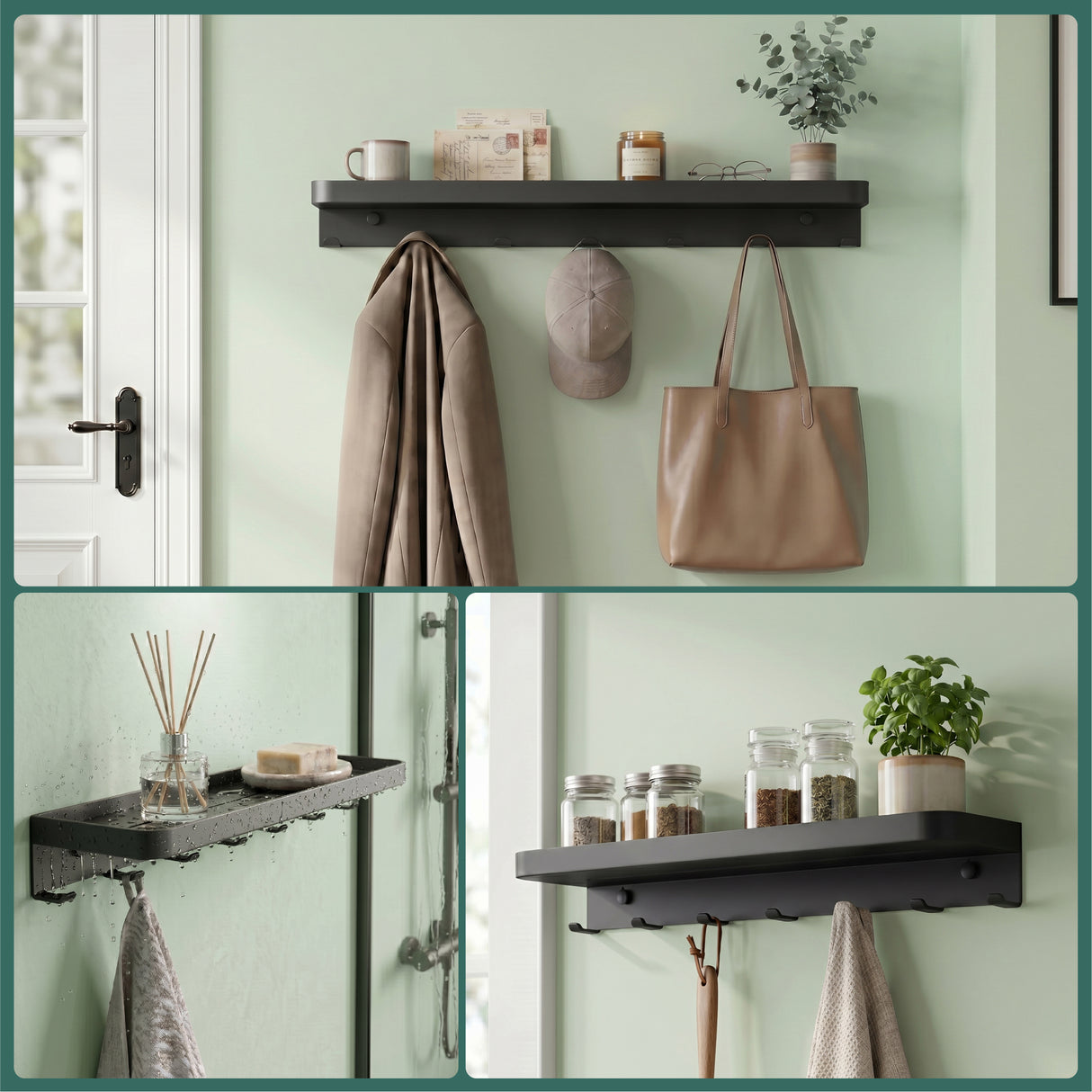 glasvilla Wandgarderobe mit Ablage, Garderobenleiste  50cm, Reglo-20 | Inkl.7 Garderobenhaken; als Wandhaken oder Kleiderhaken, Klebe- oder Bohrmontage, für Bad, Küche, Flur