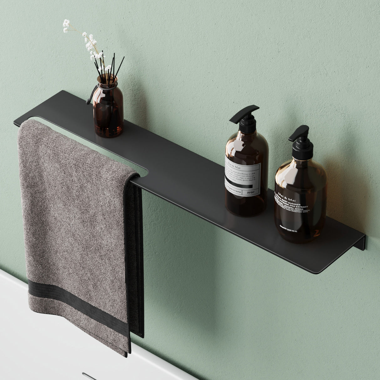 Estante de Ducha Glasvilla Reglo-06 Aluminio Premium 2-en-1 con Toallero (Atornillable o Adhesivo)