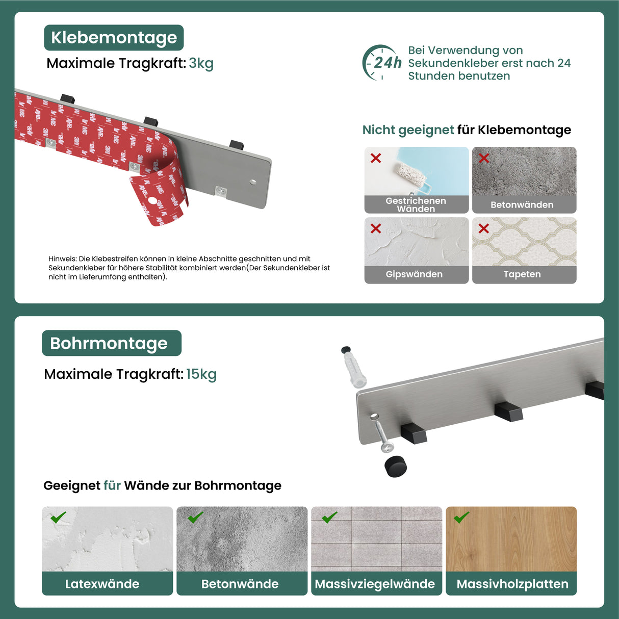 glasvilla Wandgarderobe Wandhaken aus Aluminium Garderobe mit klappbaren Haken Garderobenleiste Garderobenhaken Kleiderhaken Stalo-04+05