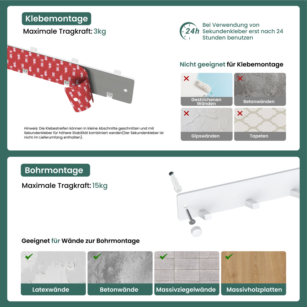 glasvilla Wandgarderobe Wandhaken aus Aluminium Garderobe mit klappbaren Haken Garderobenleiste Garderobenhaken Kleiderhaken Stalo-04+05