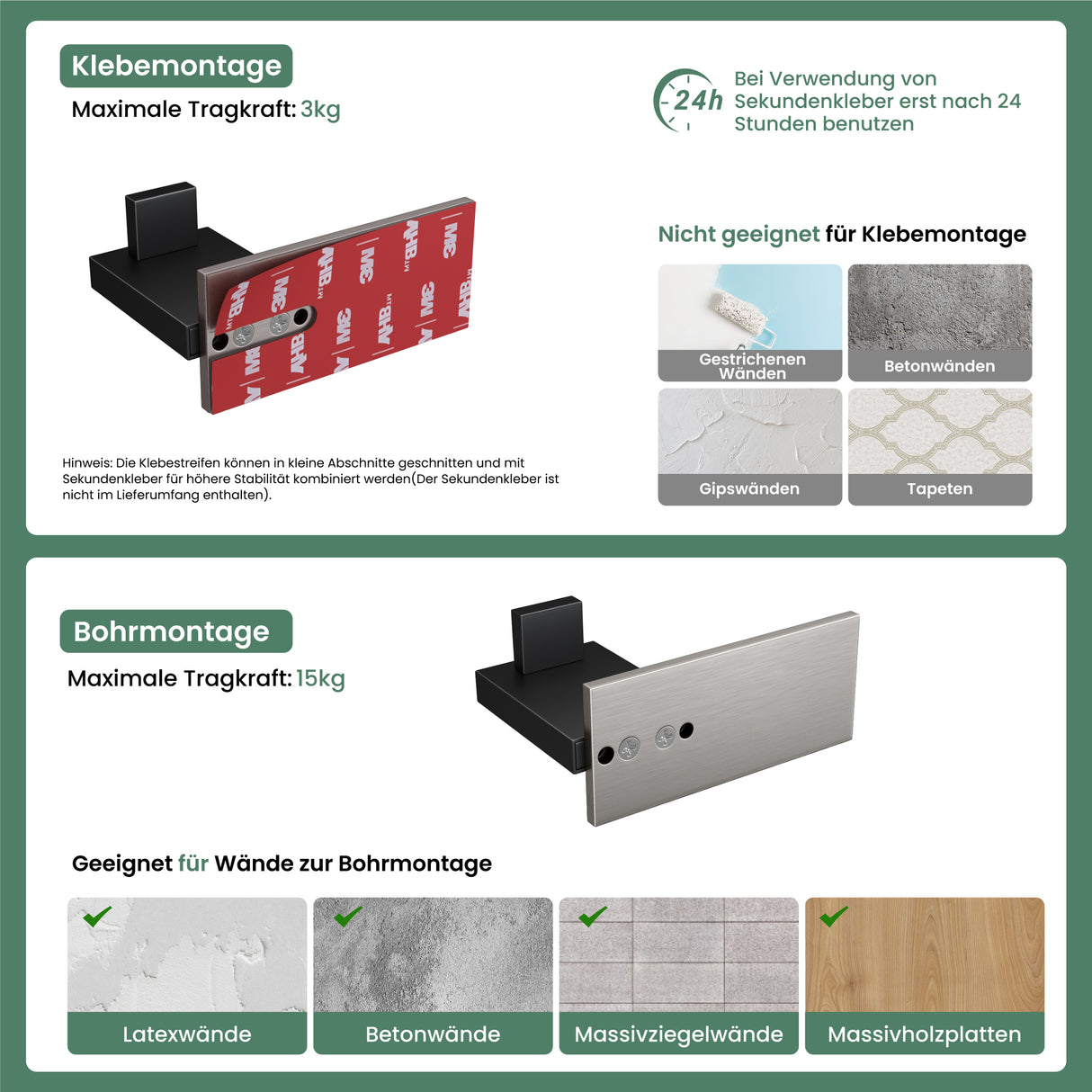glasvilla Kleiderhaken Wandgarderobe Wandhaken aus Edelstahl Garderobenleiste Garderobenhaken Stalo-06+Stalo-07