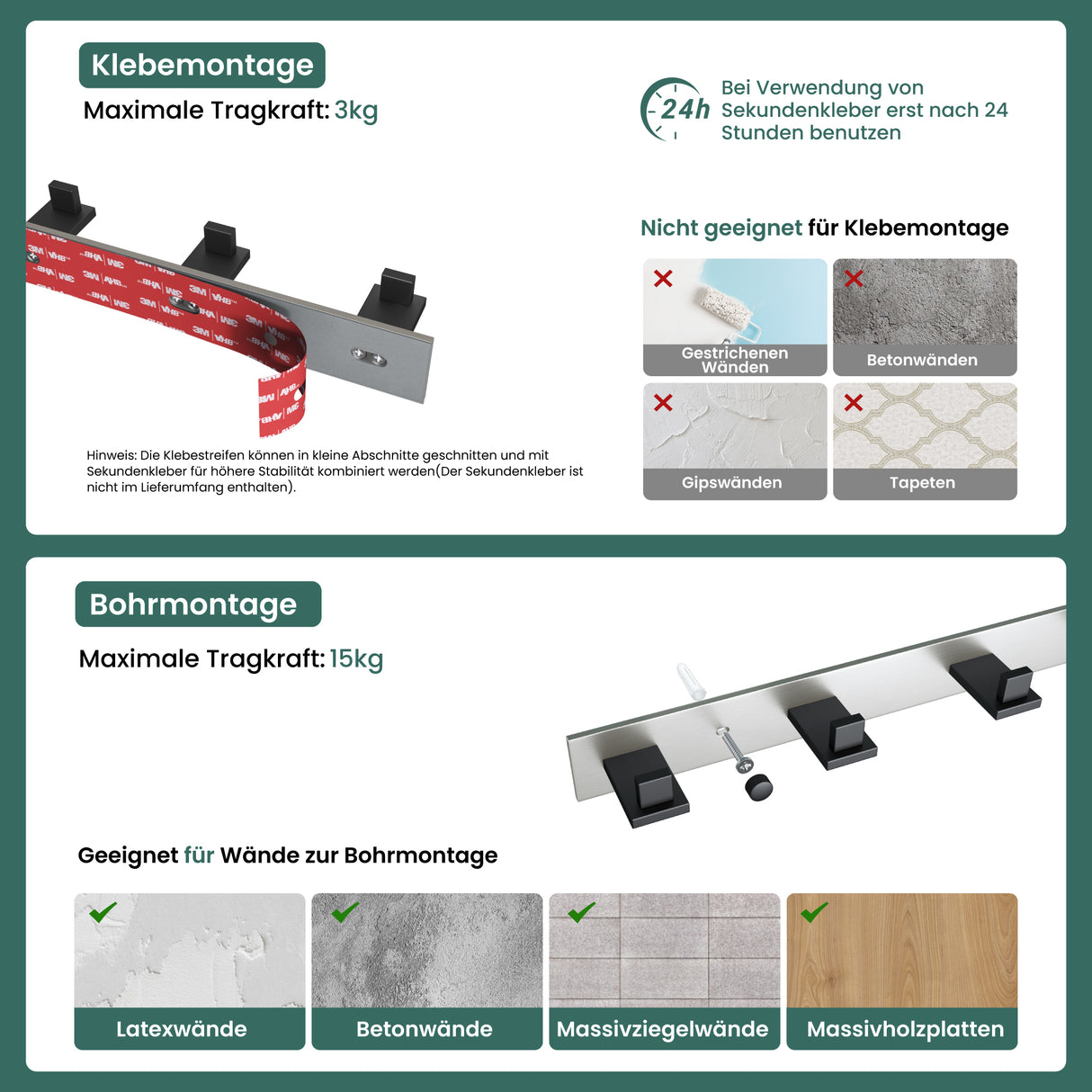 glasvilla Kleiderhaken Wandgarderobe Wandhaken aus Edelstahl Garderobenleiste Garderobenhaken Stalo-06+Stalo-07