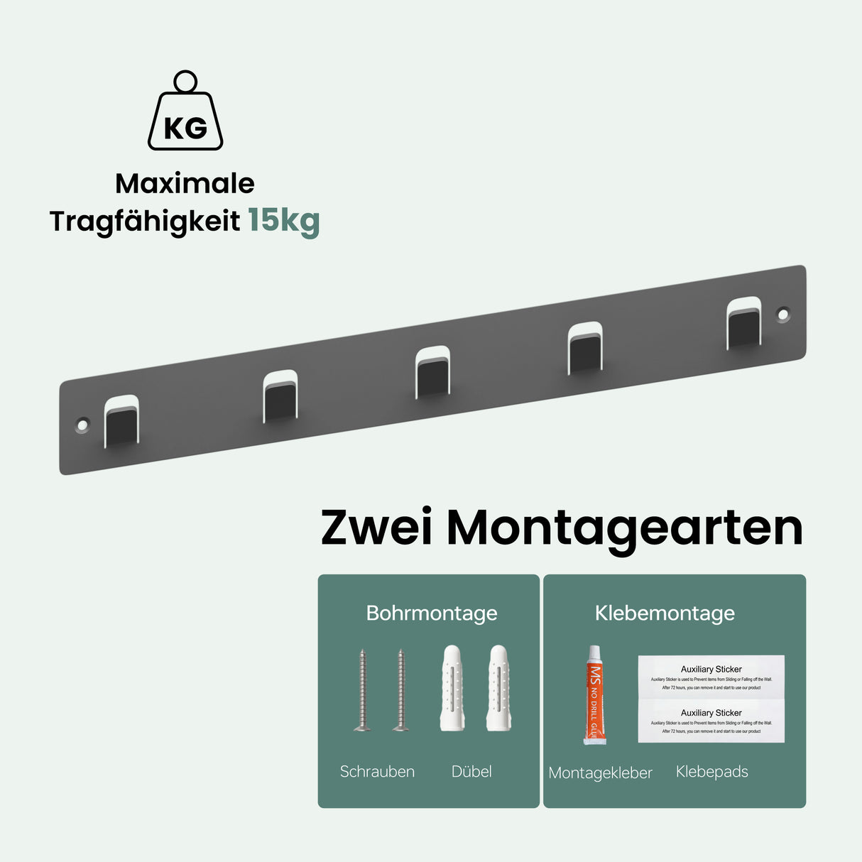 glasvilla  Kleiderhaken ohne Bohren Wandgarderobe Wandhaken mit 5 Haken Garderobenleiste Garderobenhaken  Stalo-14