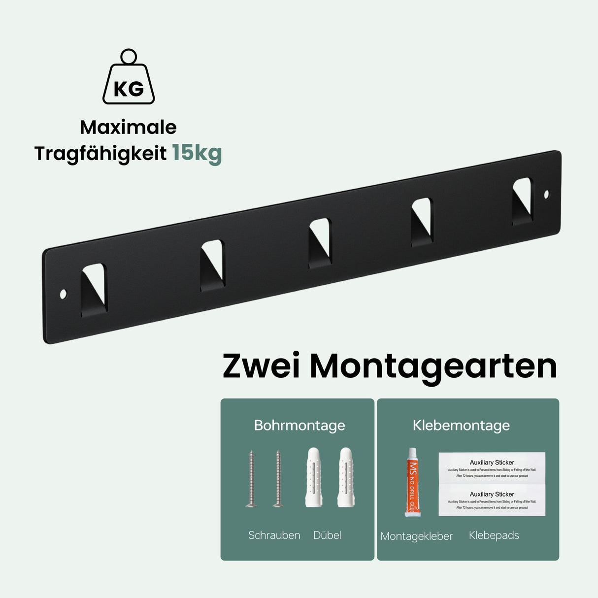 glasvilla  Kleiderhaken ohne Bohren Wandgarderobe Wandhaken mit 5 Haken Garderobenleiste Garderobenhaken  Stalo-14
