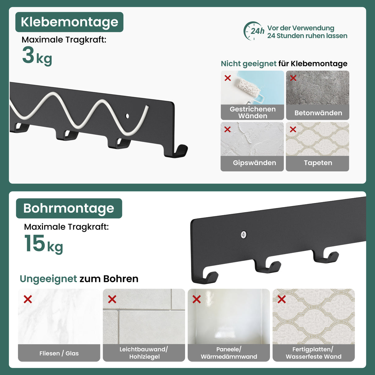 glasvilla Kleiderhaken Garderobenhaken zum Bohren oder Kleben, Wandhaken mit 7 Haken, Garderobenleiste Wandgarderobe  Stalo-17