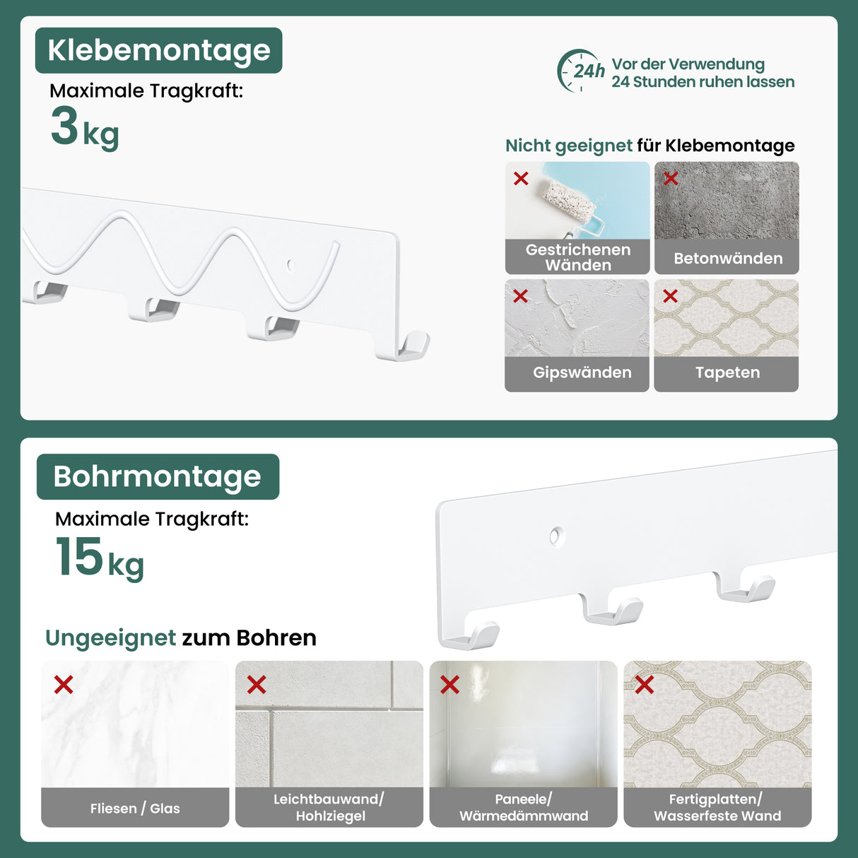 glasvilla Kleiderhaken Garderobenhaken zum Bohren oder Kleben, Wandhaken mit 7 Haken, Garderobenleiste Wandgarderobe  Stalo-17