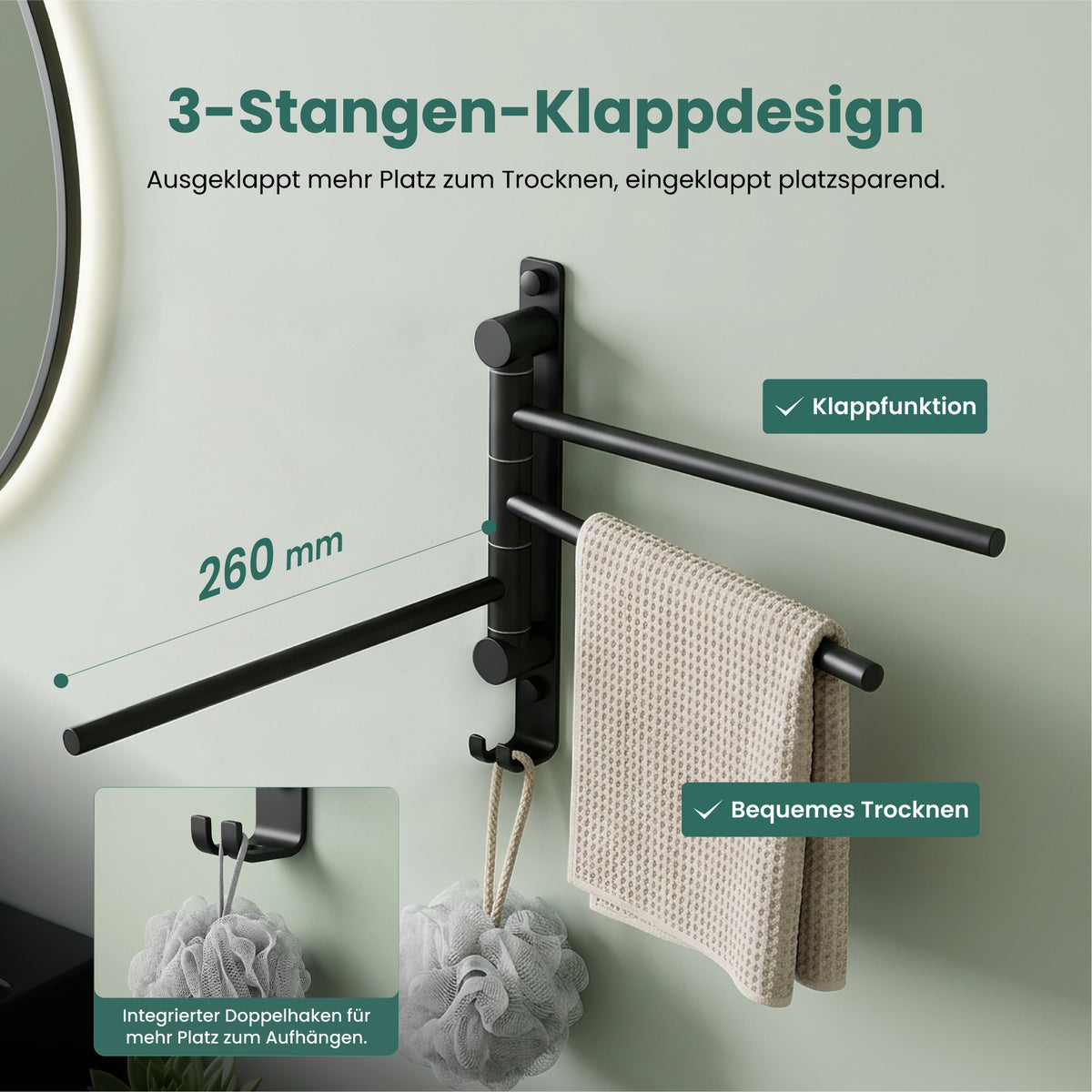 glasvilla Handtuchhalter 180° Schwenkbar 3-armig aus Edelstahl  Handtuchhalterung Badetuchhalter ohne Bohren oder mit Bohren, 3-Stangen Handtuchstange für Bad und Küche, Tavrin-06