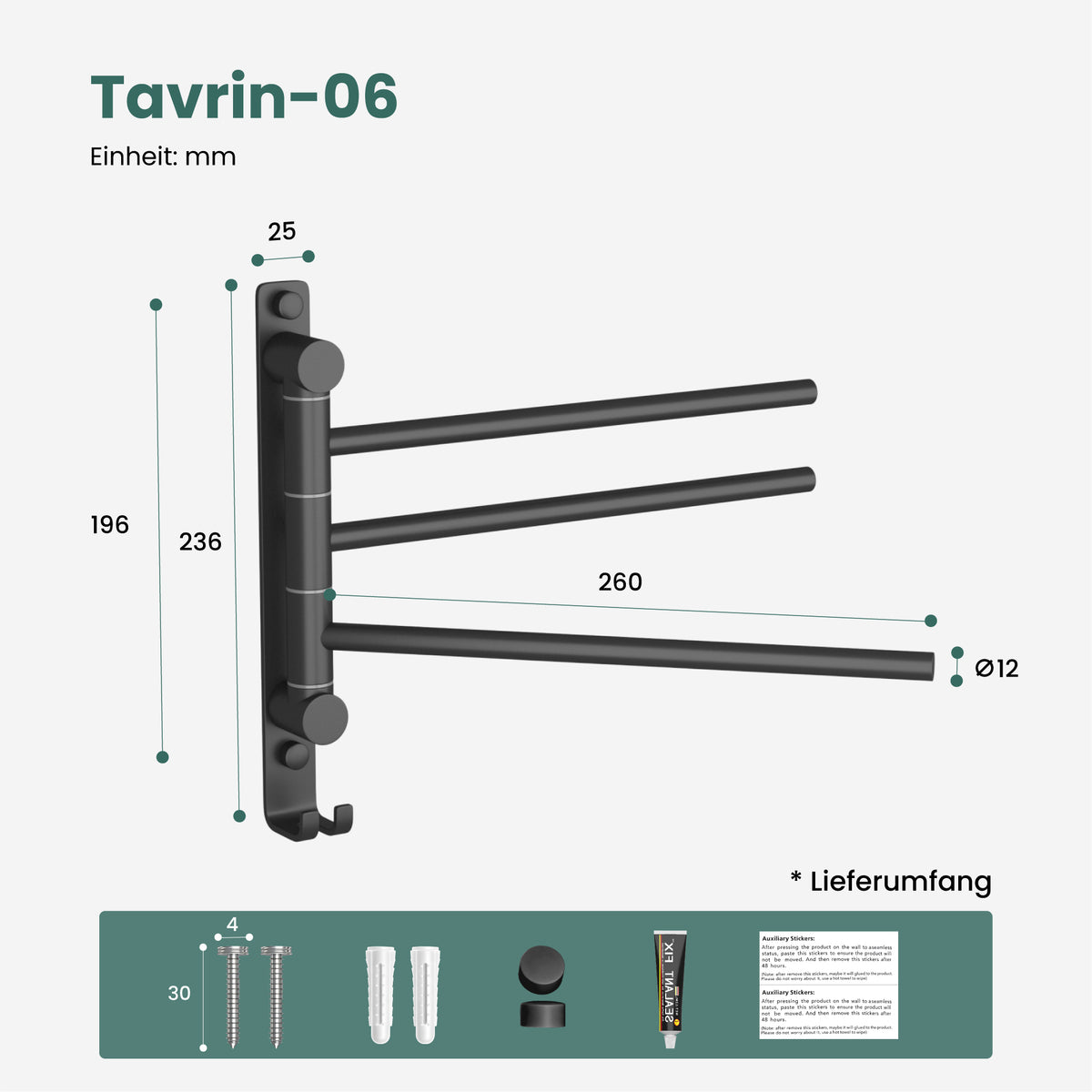 glasvilla Handtuchhalter 180° Schwenkbar 3-armig aus Edelstahl  Handtuchhalterung Badetuchhalter ohne Bohren oder mit Bohren, 3-Stangen Handtuchstange für Bad und Küche, Tavrin-06