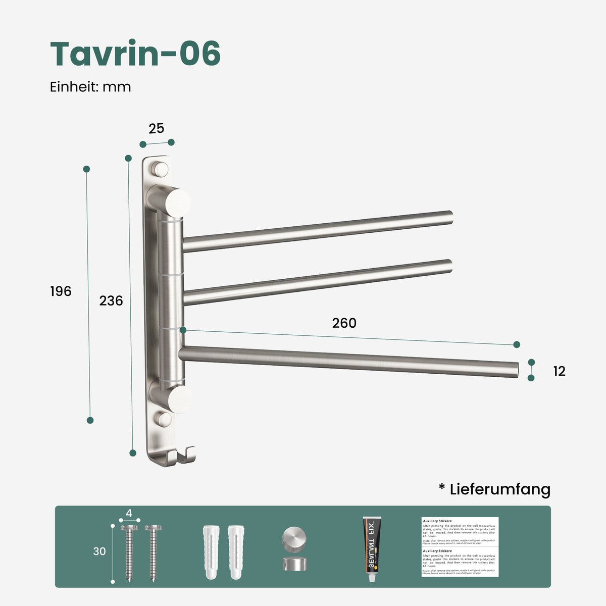 glasvilla Handtuchhalter 180° Schwenkbar 3-armig aus Edelstahl  Handtuchhalterung Badetuchhalter ohne Bohren oder mit Bohren, 3-Stangen Handtuchstange für Bad und Küche, Tavrin-06