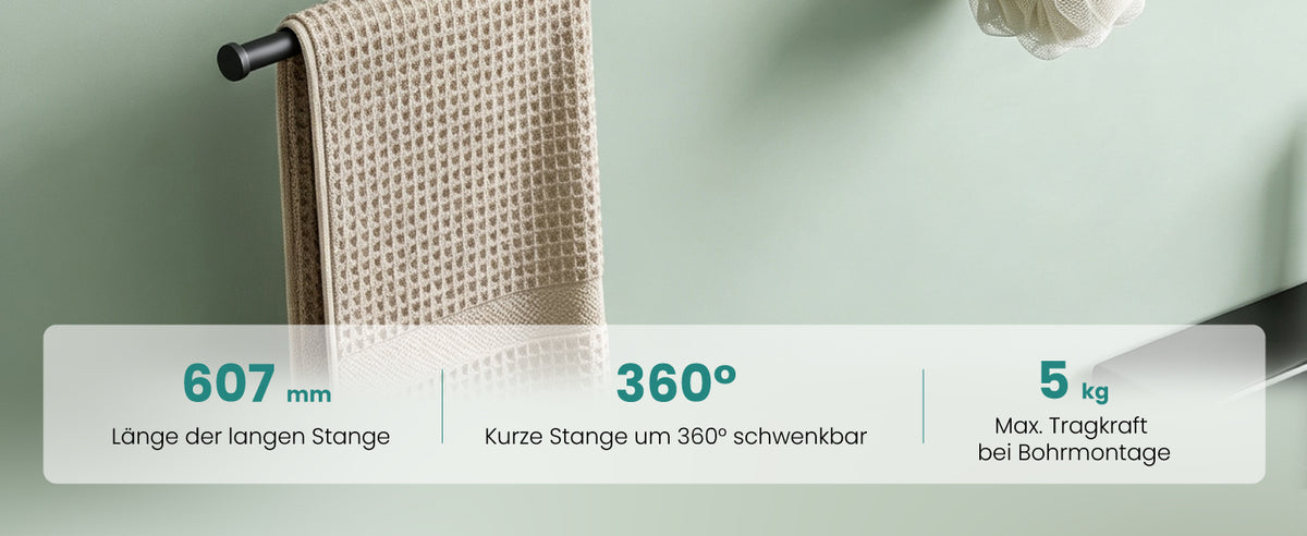 glasvilla Handtuchhalter ohne Bohren, 360° schwenkbar,  Wand-Handtuchhalter aus Aluminium, 60,7 cm, selbstklebend oder zum Bohren, verstellbar, für Hand- & Badetücher, Tavrin-08