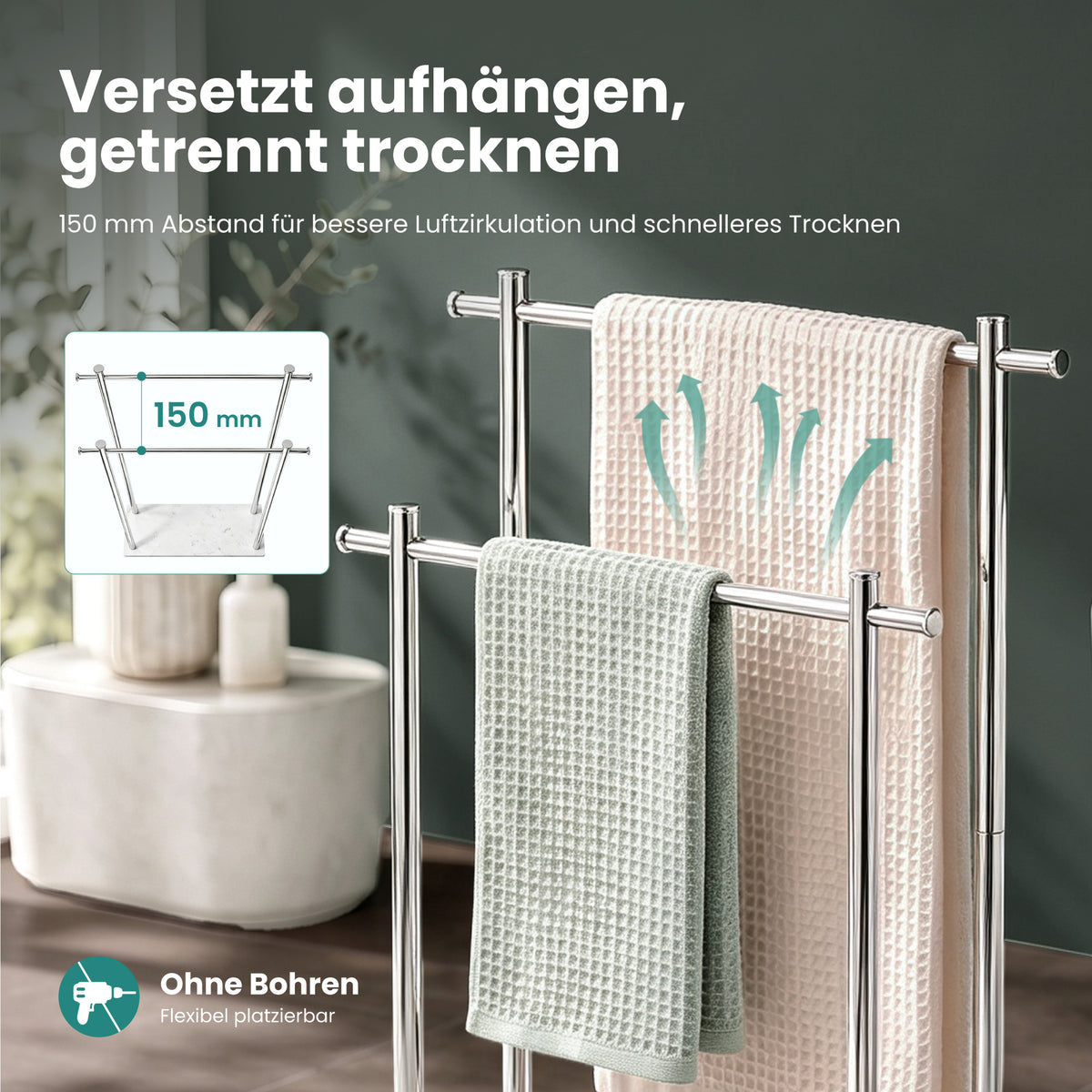 glasvilla Handtuchständer freistehend mit 2 Stangen, Handtuchhalter stehend Handtuchhalter ohne Bohren 55 × 20 × 82,5 , Edelstahl, Mineralstein-Sockel mit Ablage, Tavrin-09